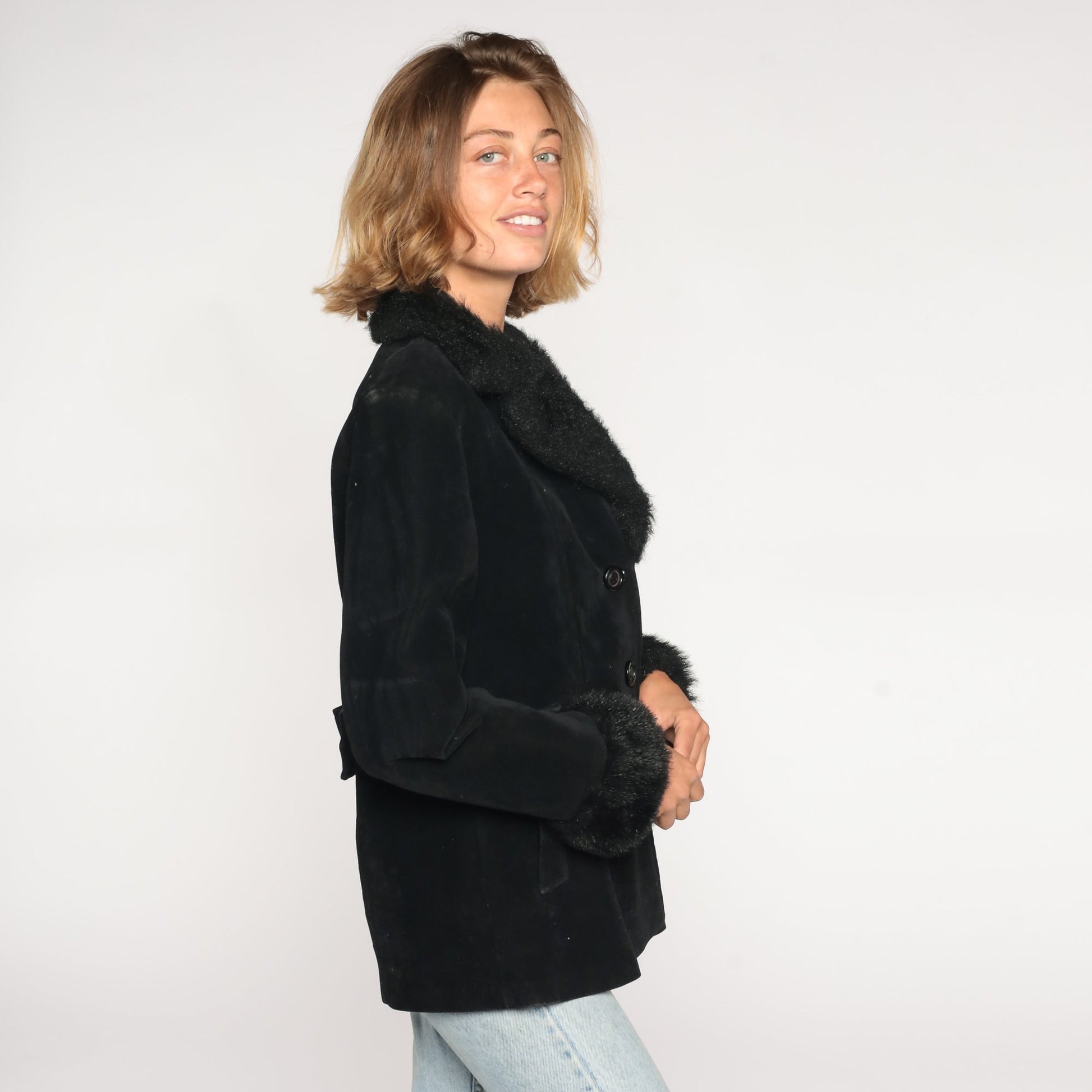 90s Black Faux Suede Jacket Faux Fur Trim Button Up Small