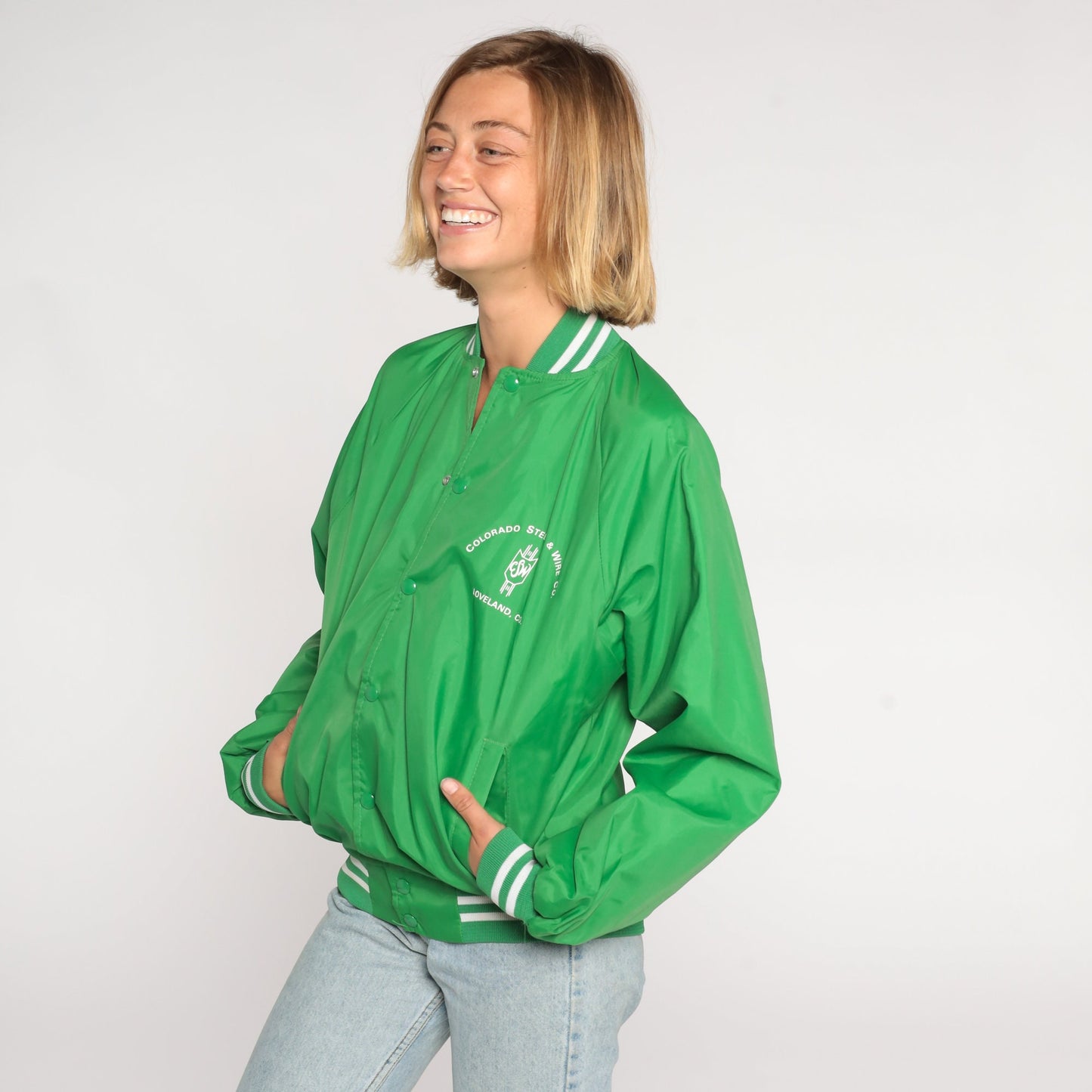 80s Steel & Wire Co Loveland Colorado Bomber Jacket Green Nylon Small