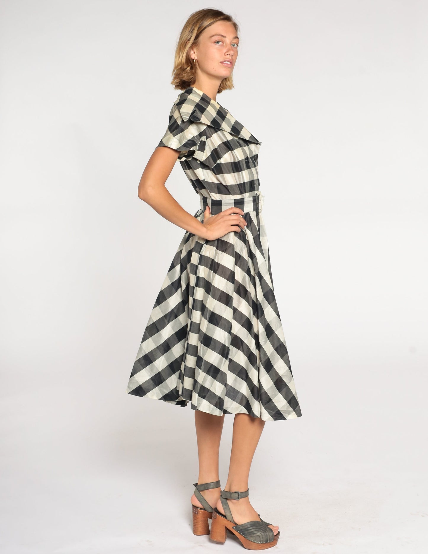 1950s Black White Gingham Midi Dress Double Breasted Sailor Collar High Waisted Medium