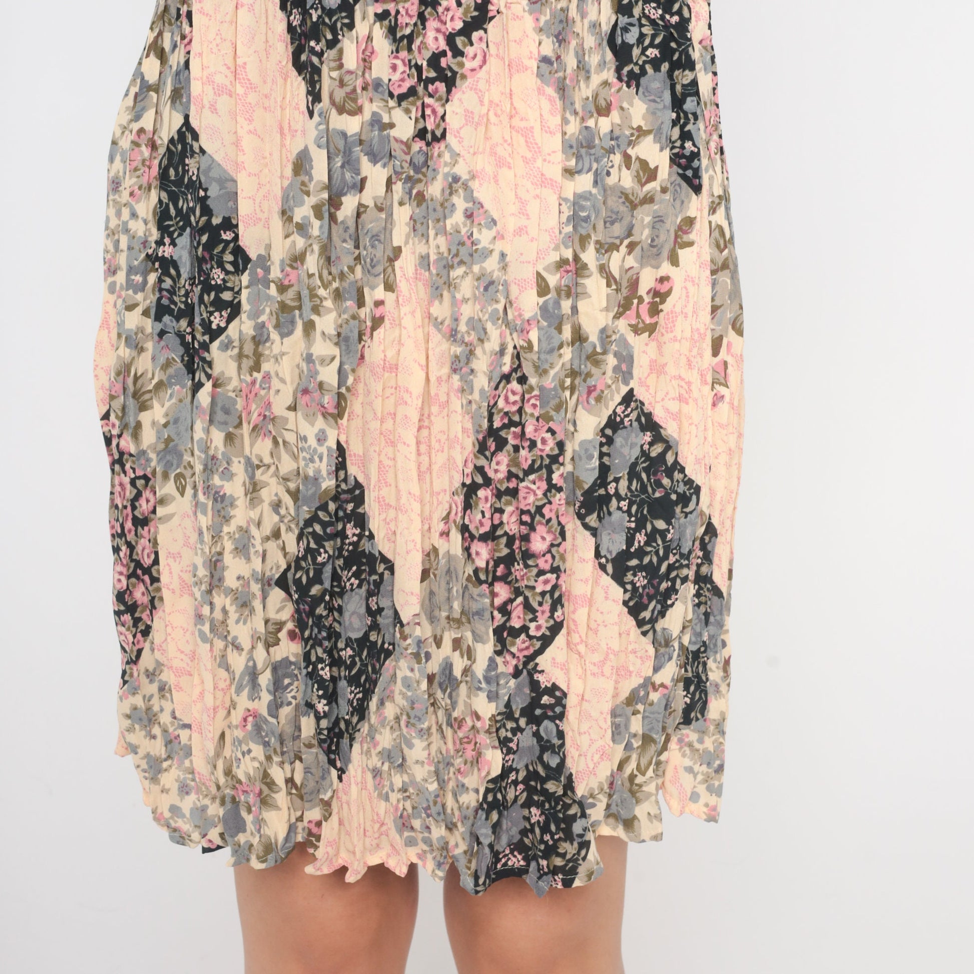 90s Floral Patchwork Mini Dress Cream High Waisted Sleeveless Large