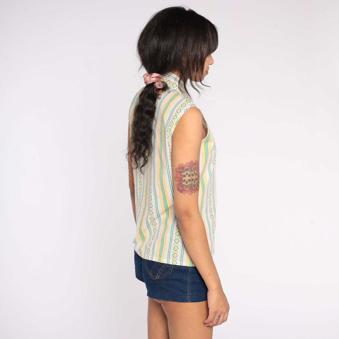 70s Aztec Stripe Sleeveless Blouse Green Yellow Button Front Small Medium