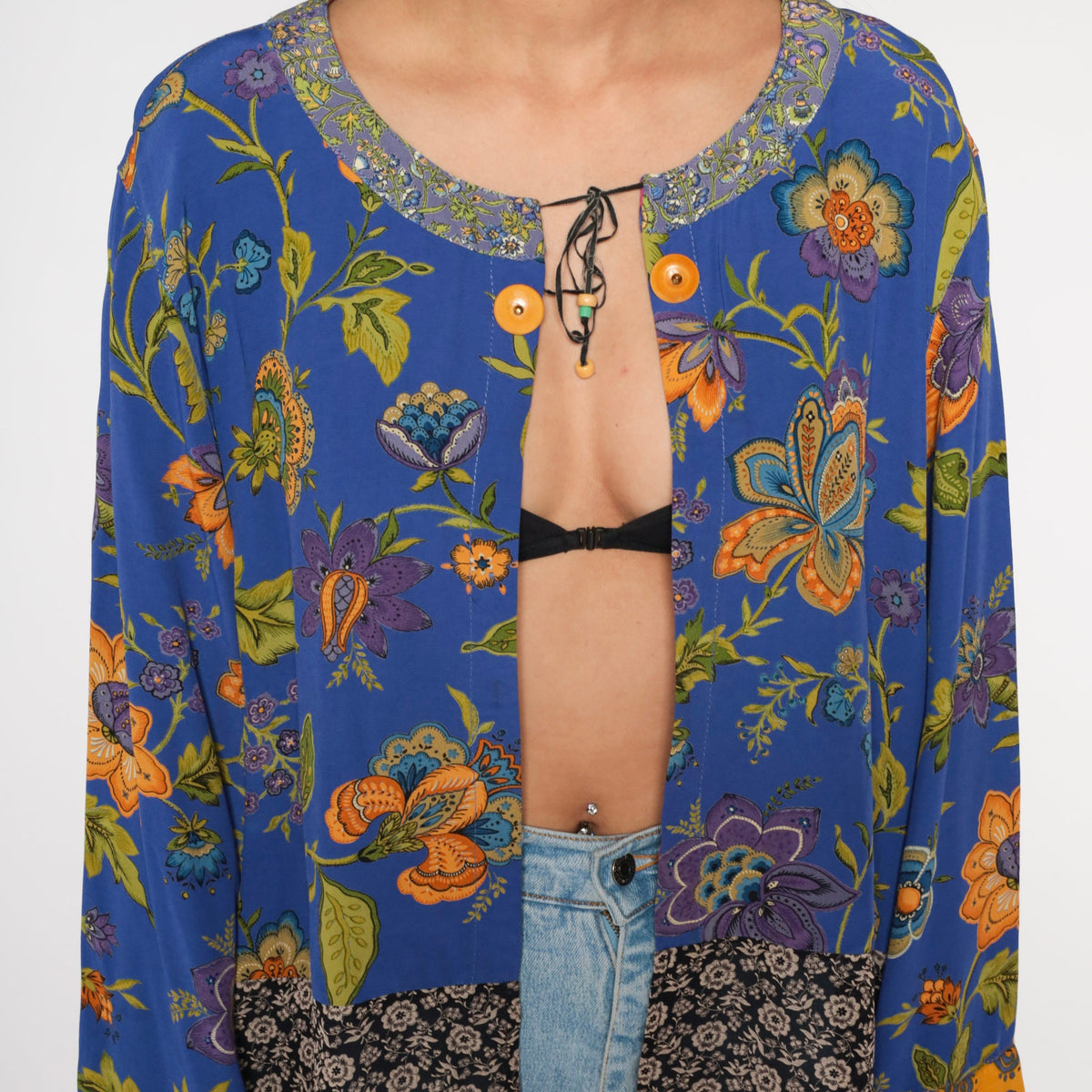 00s Blue Indian Floral Open-Front Jacket Long Sleeve Rayon Medium