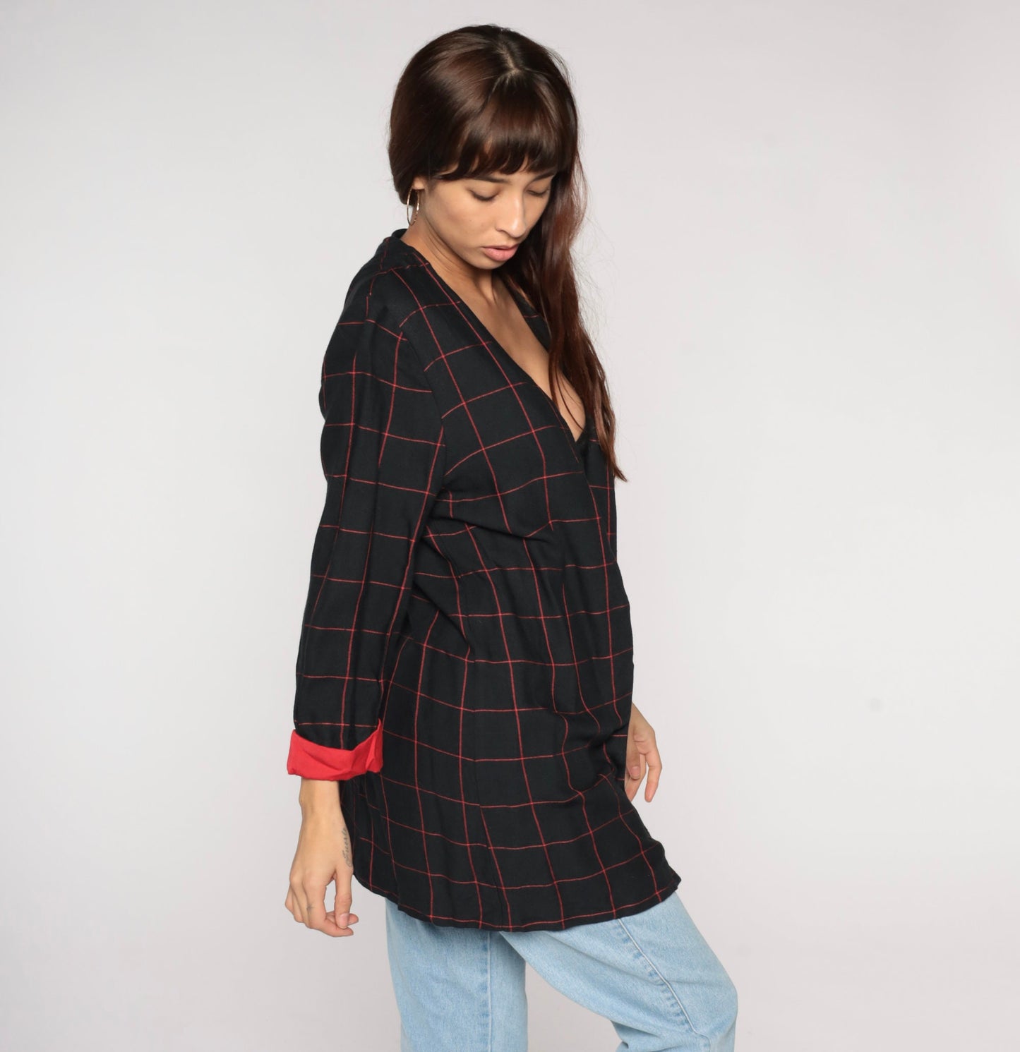 90s Black Red Checkered Blazer Open Front Cuffed Sleeve Medium
