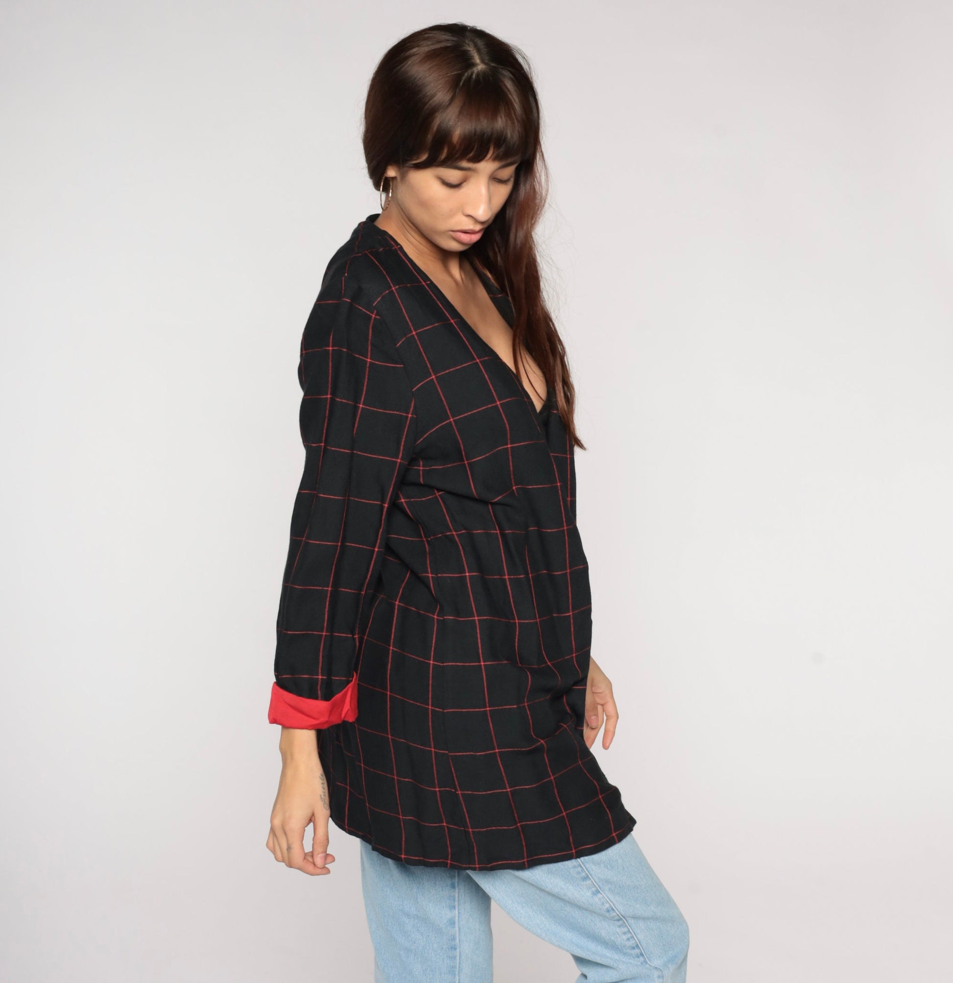 90s Black Red Checkered Blazer Open Front Cuffed Sleeve Medium