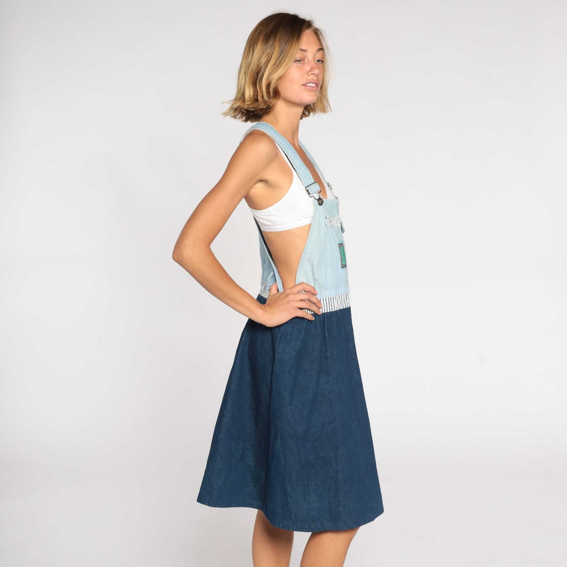 90s Gitano Two-Tone Denim Overall Dress Knee Length Striped Medium M