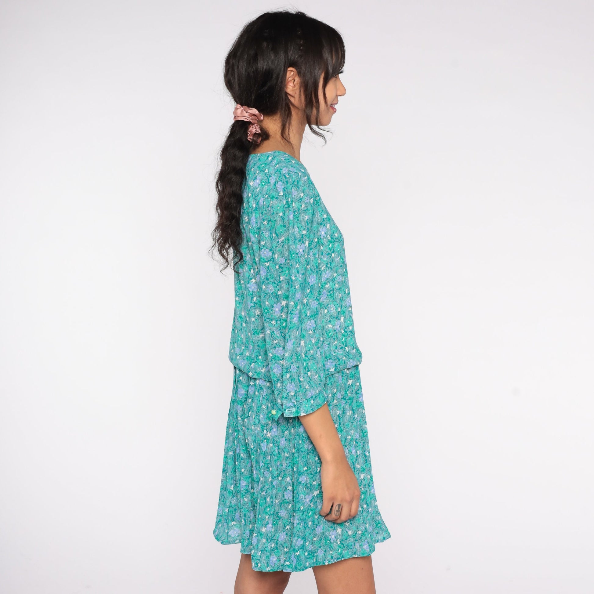 80s Green Paisley Floral Mini Dress High Waist Pleated 3/4 Puff Sleeve Medium