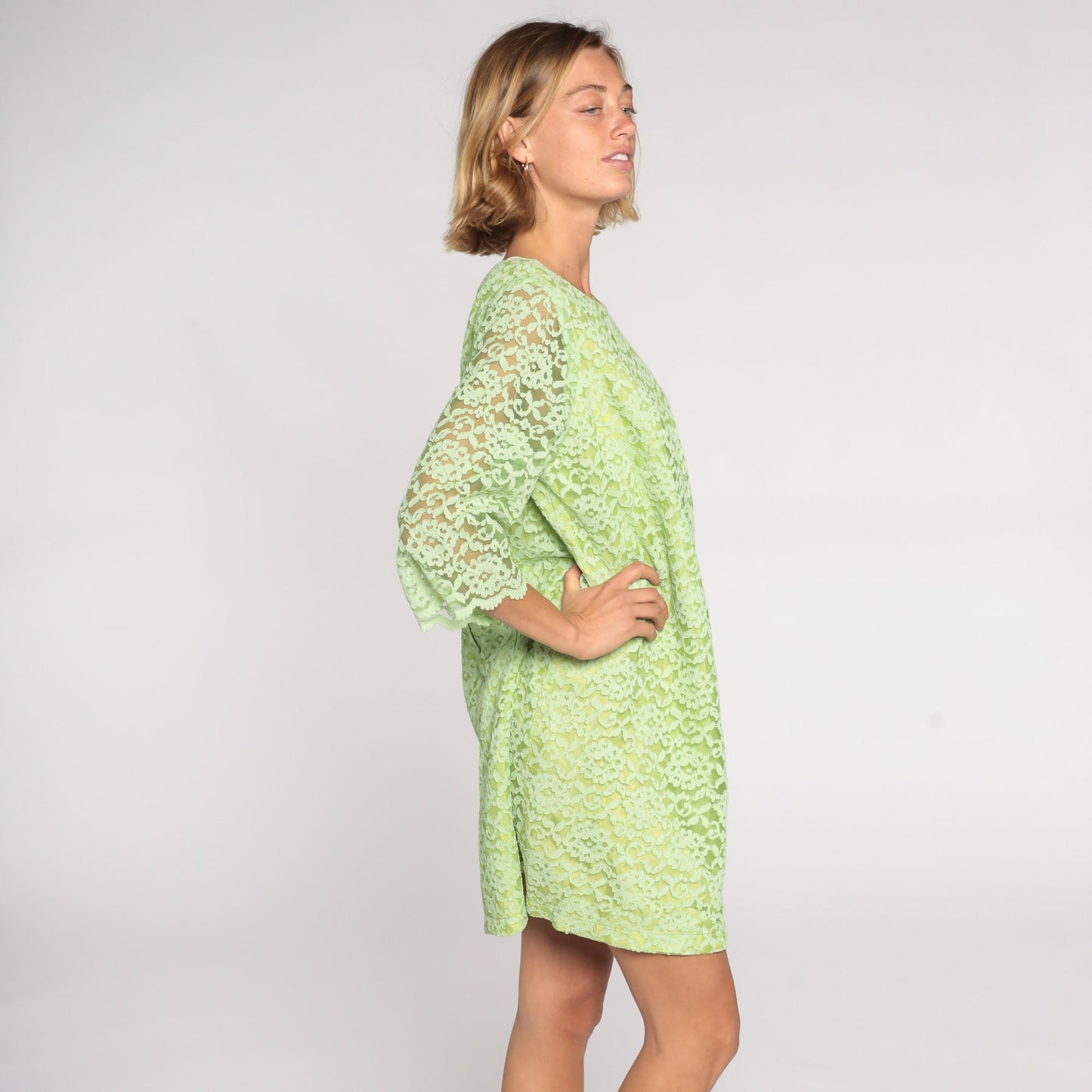 60s M'Lady Couture Lime Green Lace Mini Dress Shift Sheer Sleeve Large