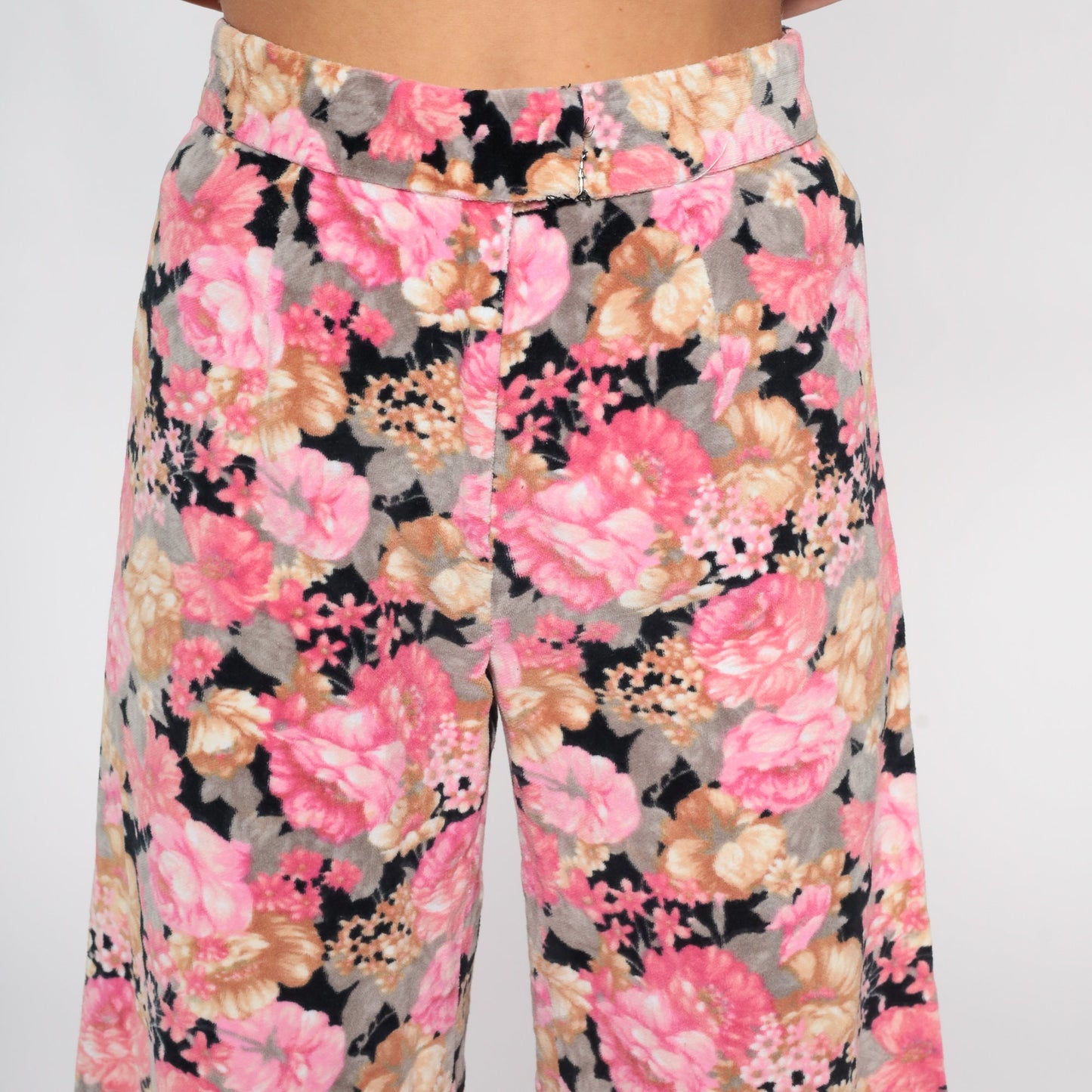 70s Floral Velvet Bell Bottom Pants Black Pink High Waisted Extra Small