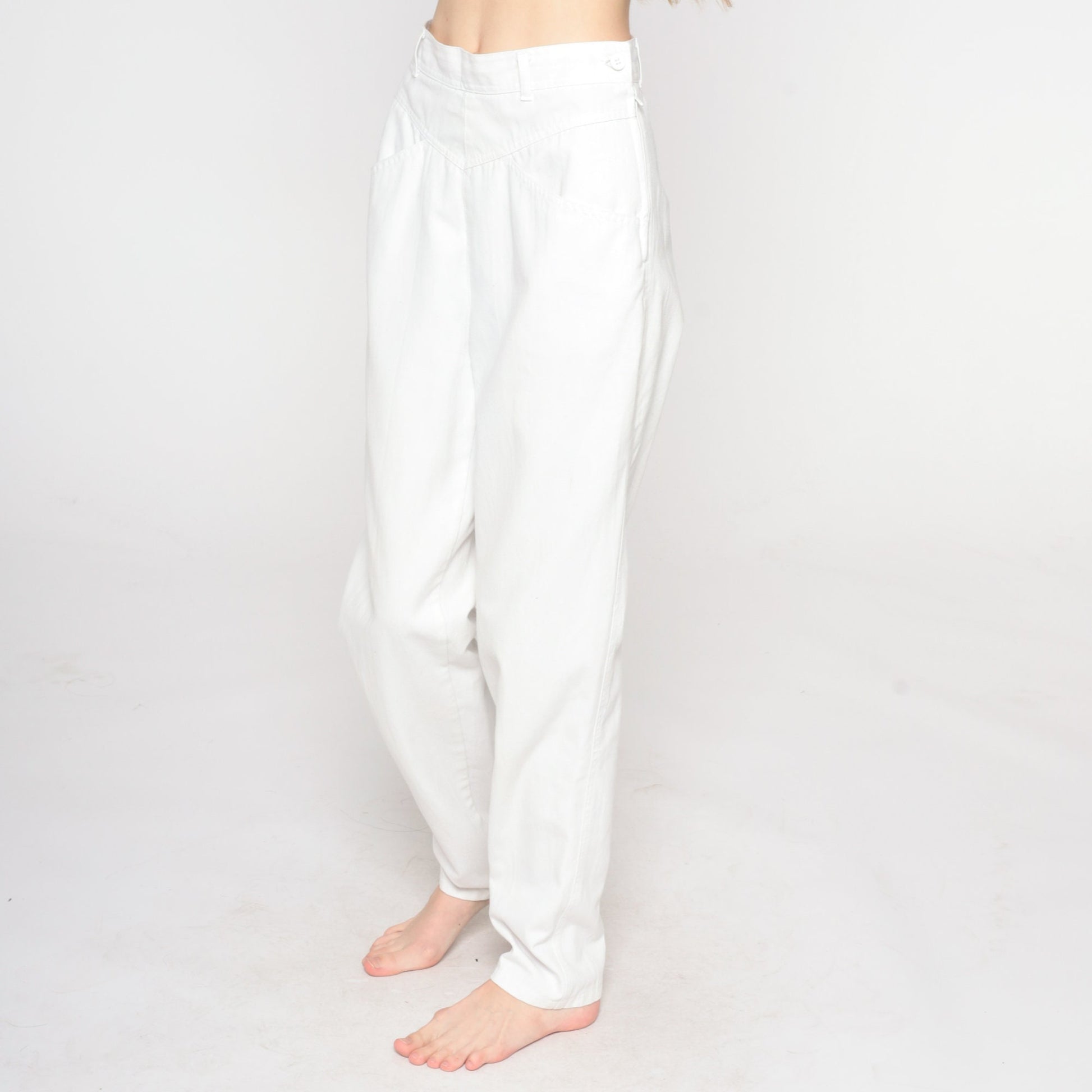 90s White High-Waisted Tapered Trousers Side Button Extra Small