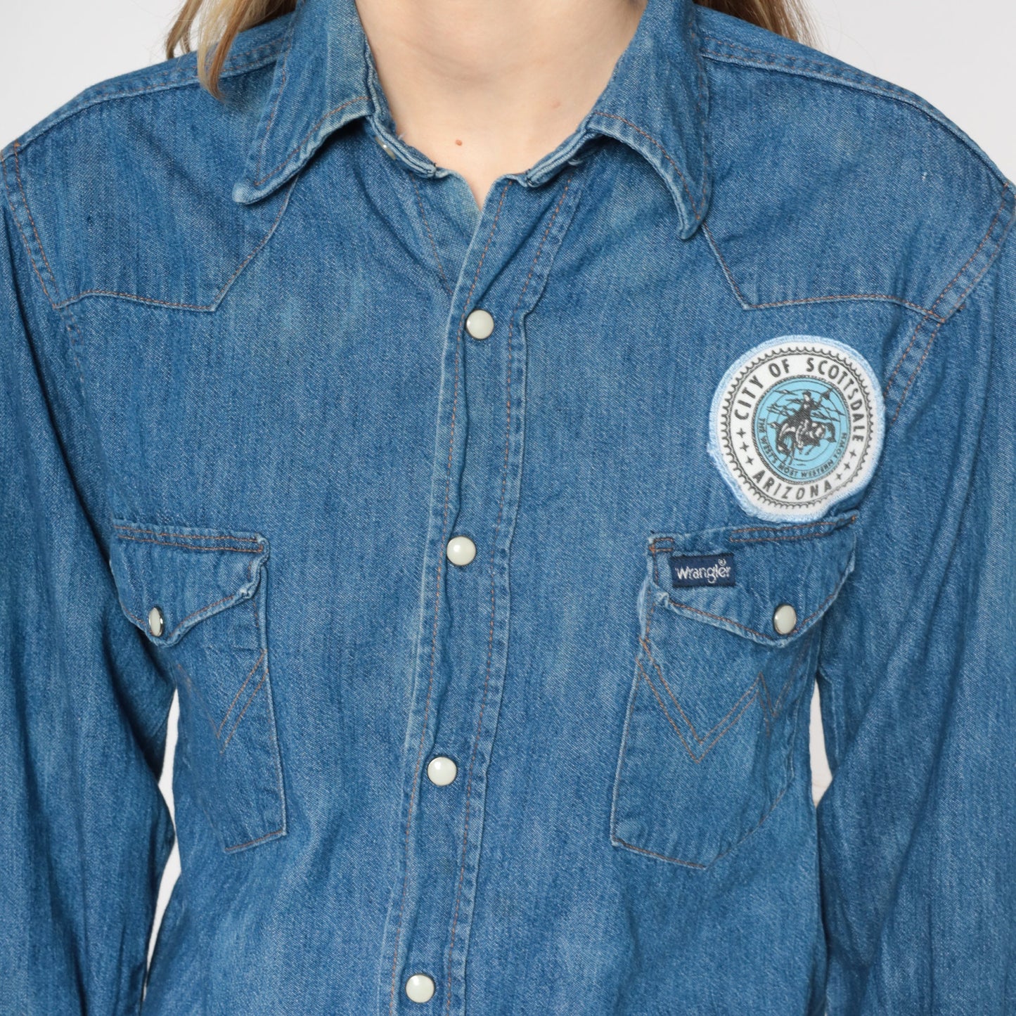 80s Wrangler Denim Pearl Snap Western Shirt Scottsdale Rodeo Patch Blue