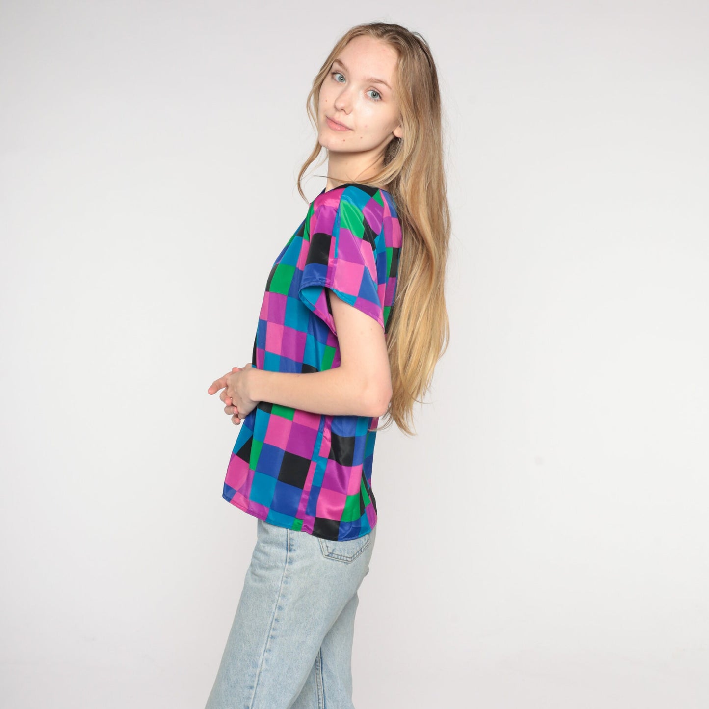 90s Colorful Checkerboard Short Sleeve Blouse Purple Pink Blue Medium M