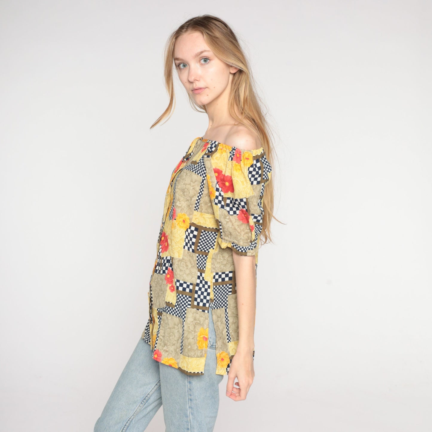 90s Floral Checkered Puff Sleeve Blouse Off-Shoulder Button-Front Yellow Medium