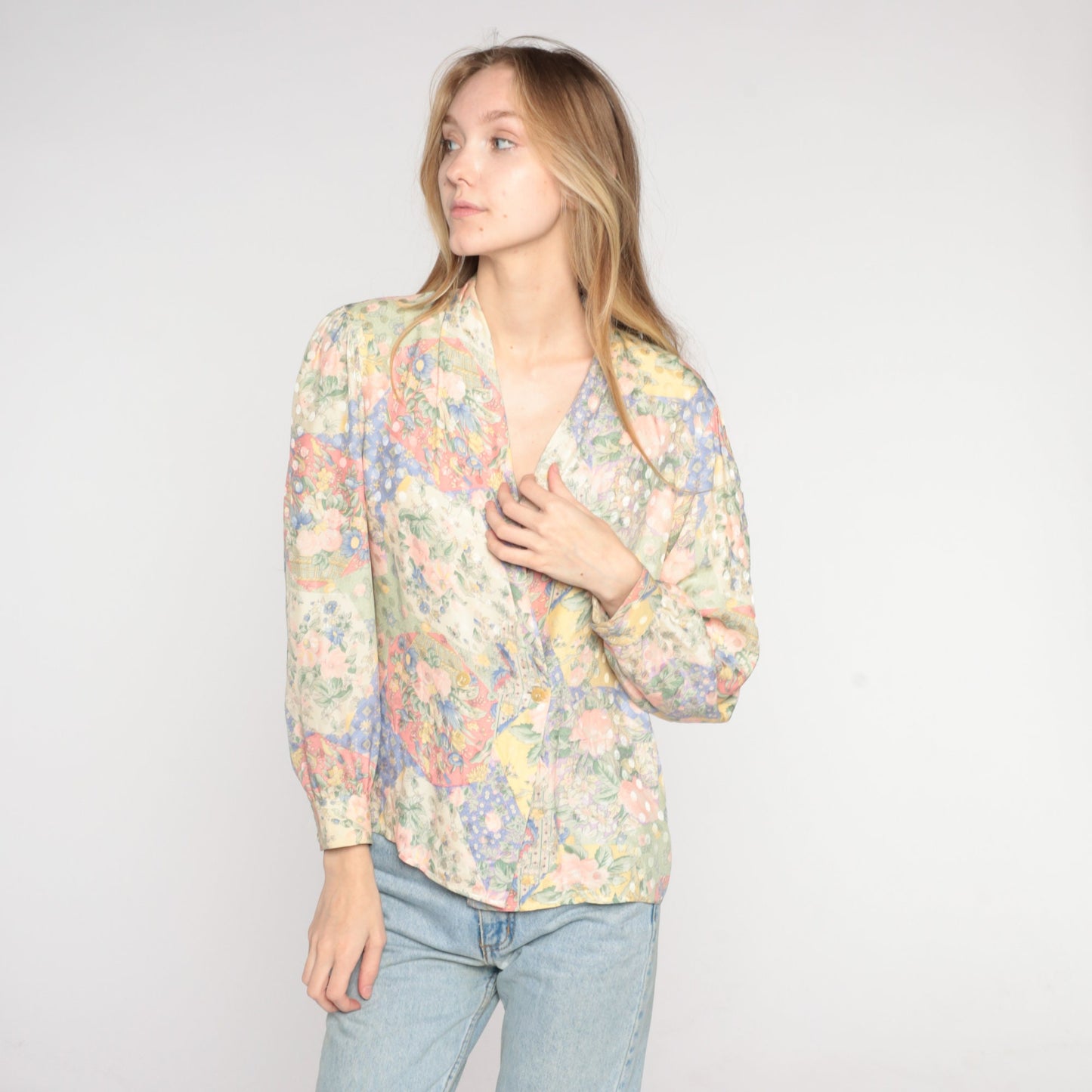 80s Floral Silk Wrap Blouse V-Neck Double Breasted Long Sleeve Small
