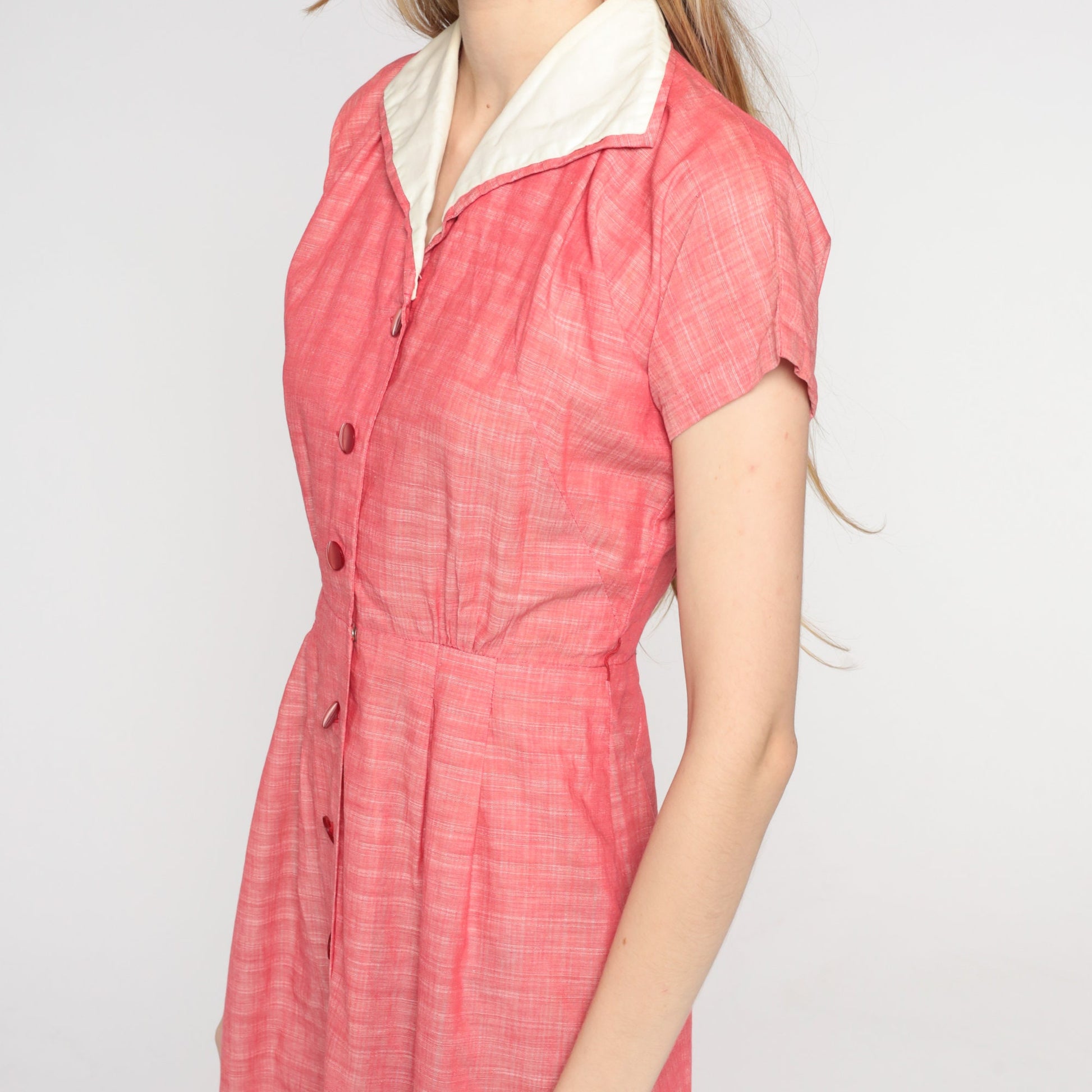 1950s Pink Woven Shirtdress Collar Button-Up Knee Length Small