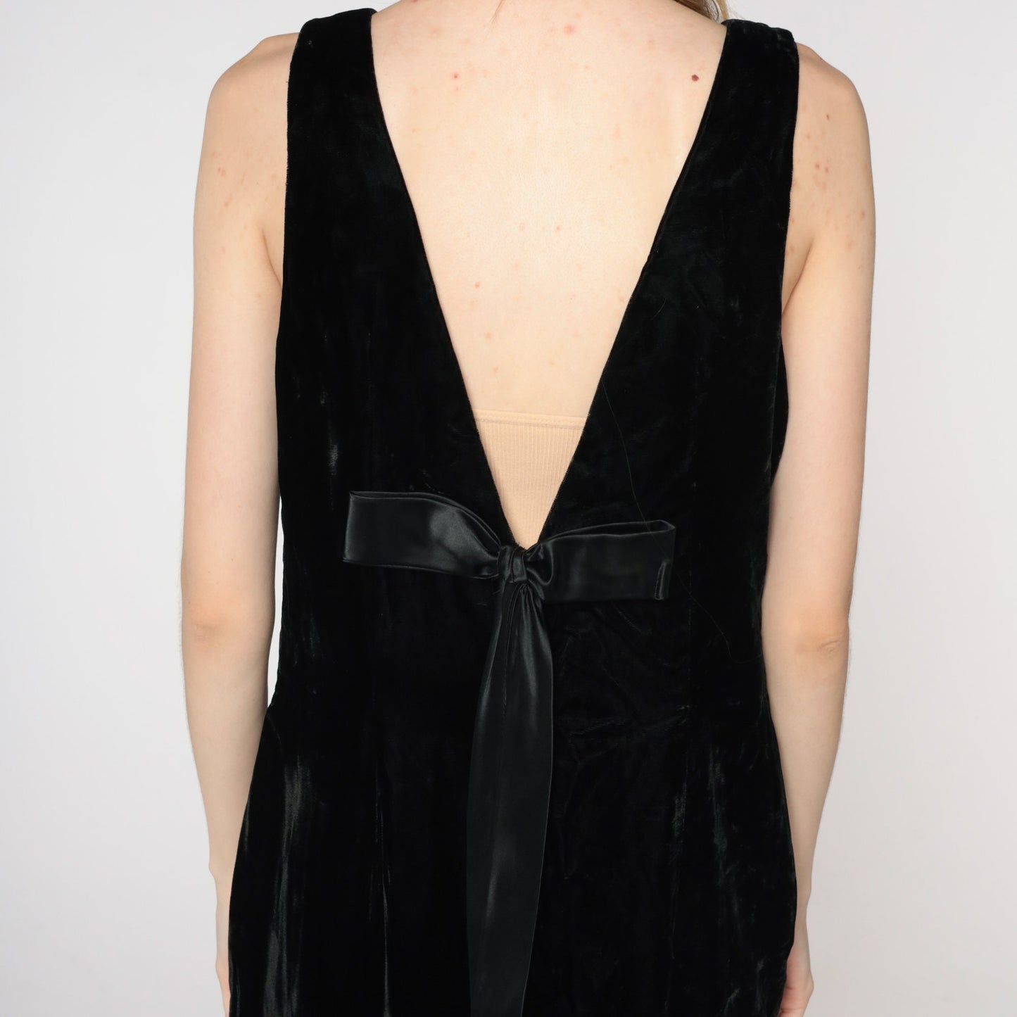 70s Black Velvet Maxi Gown Sleeveless Low Back Ribbon Bow Large