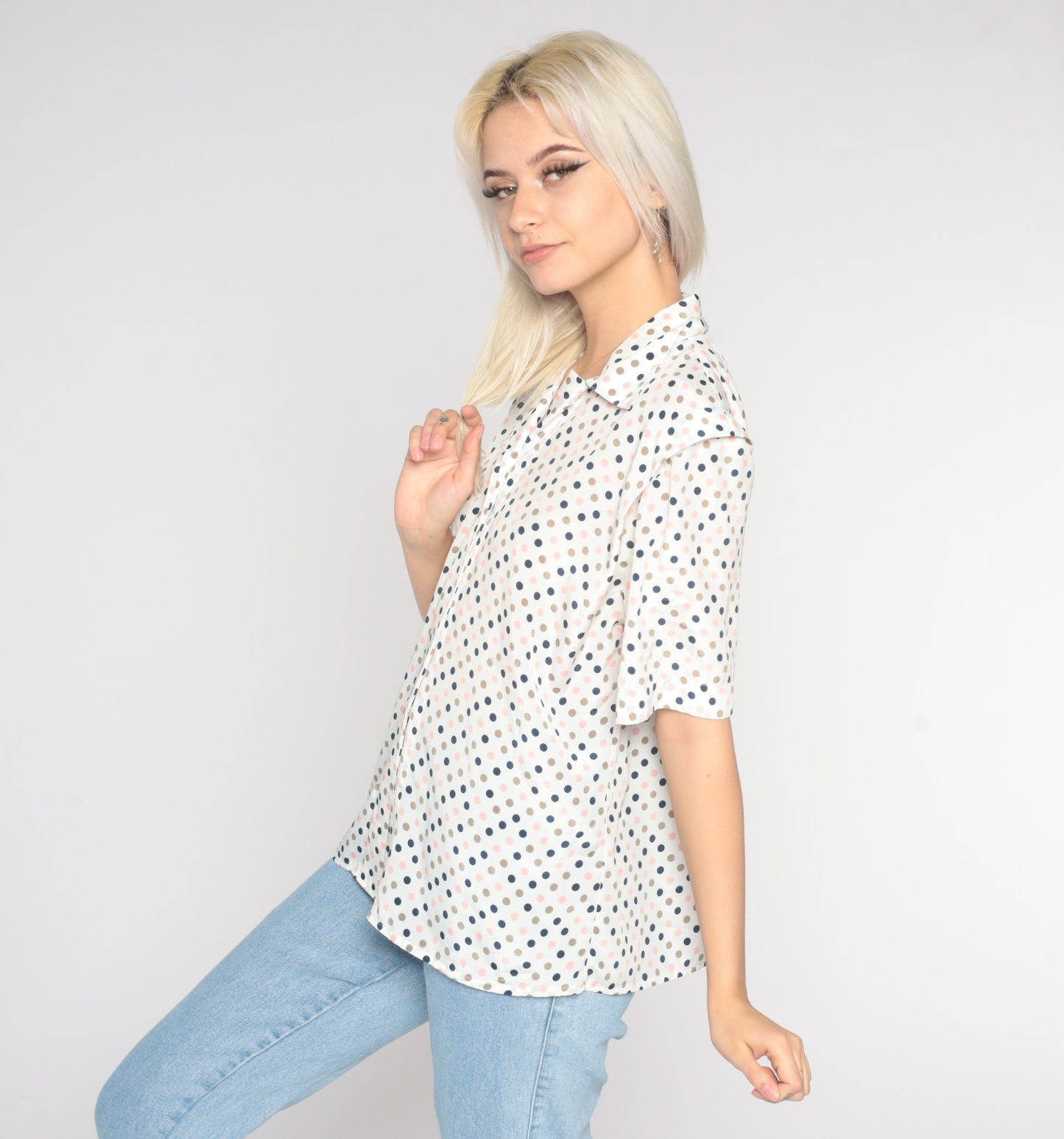 80s White Polka Dot Button-Up Blouse Short Sleeve Small