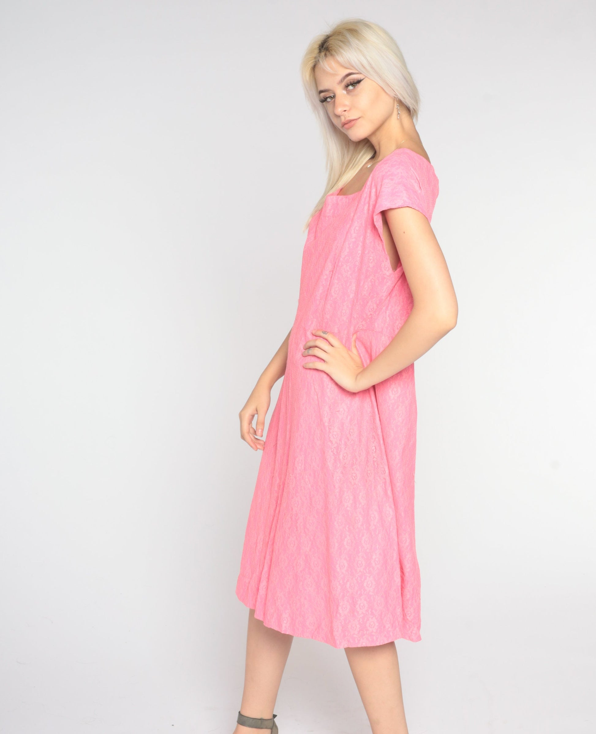 60s Pink Lace Midi Dress Shift Sleeveless High Waist Large