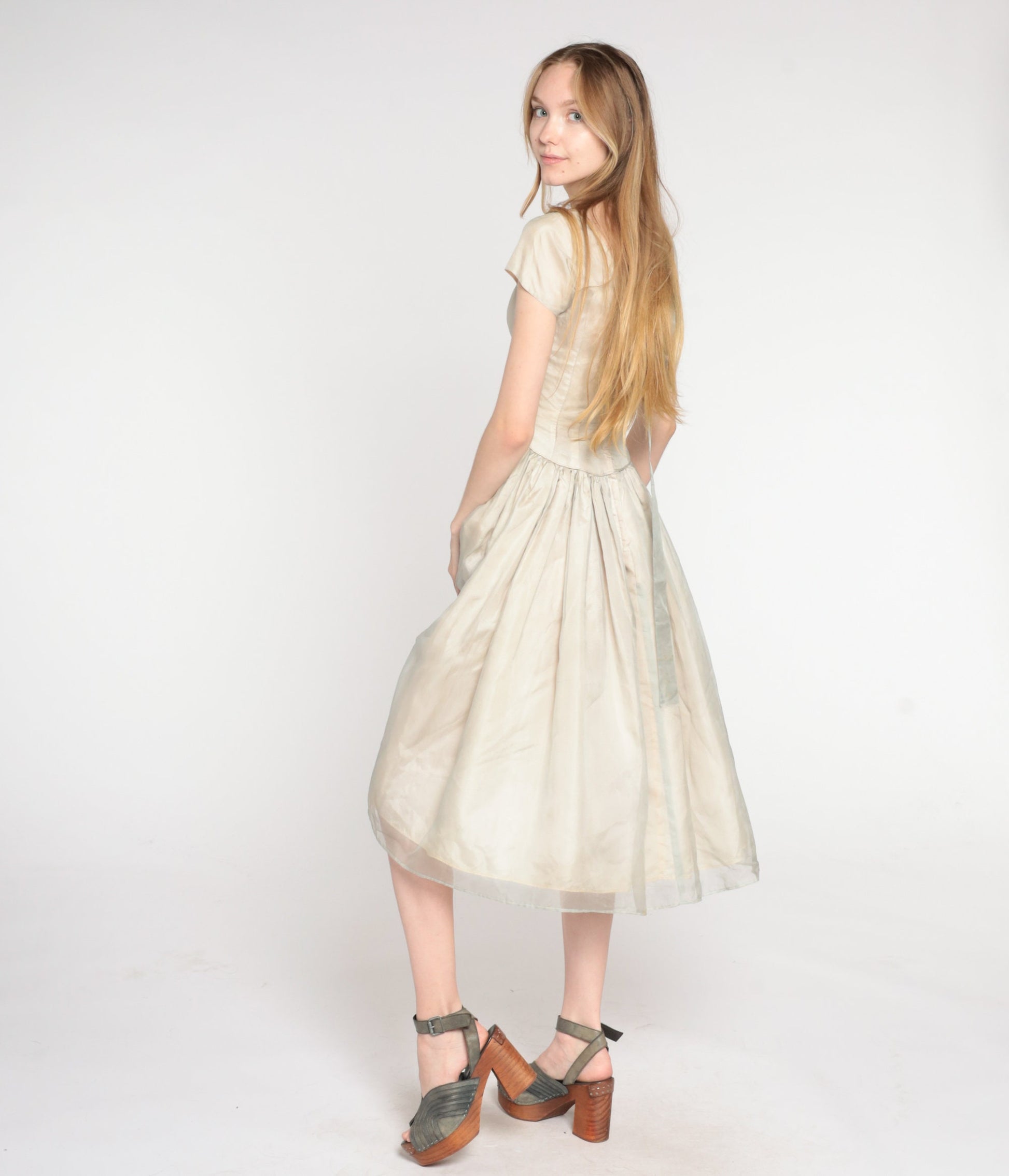 1950s Taupe Organza Midi Dress Cap Sleeve High Waist Full Skirt Extra Small