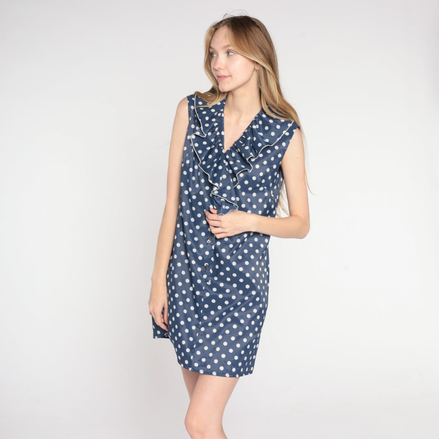 70s Navy Polka Dot Mini Shift Dress Ruffled Collar Sleeveless Small