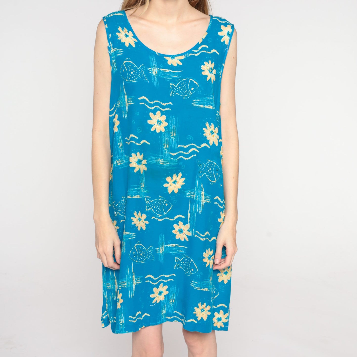 90s Blue Tropical Fish Floral Mini Dress Sleeveless Shift Medium