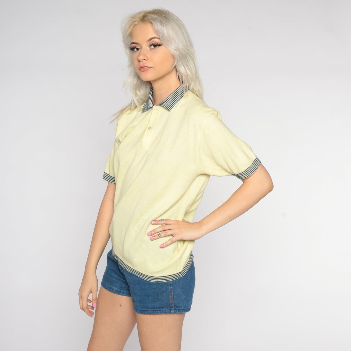 80s Yellow Knit Polo Shirt Striped Collar Ringer Trim Medium
