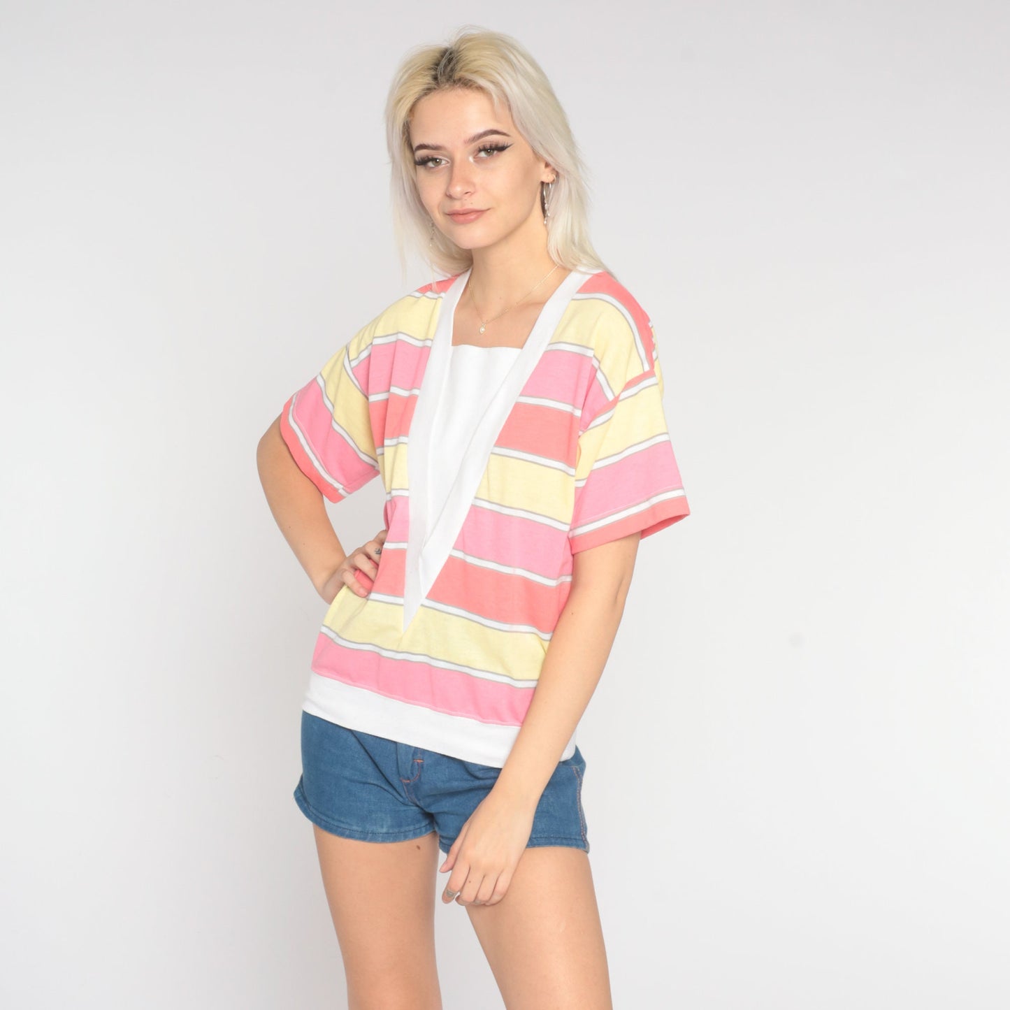 80s Striped Short Sleeve Shirt White Pink Yellow Panel Medium