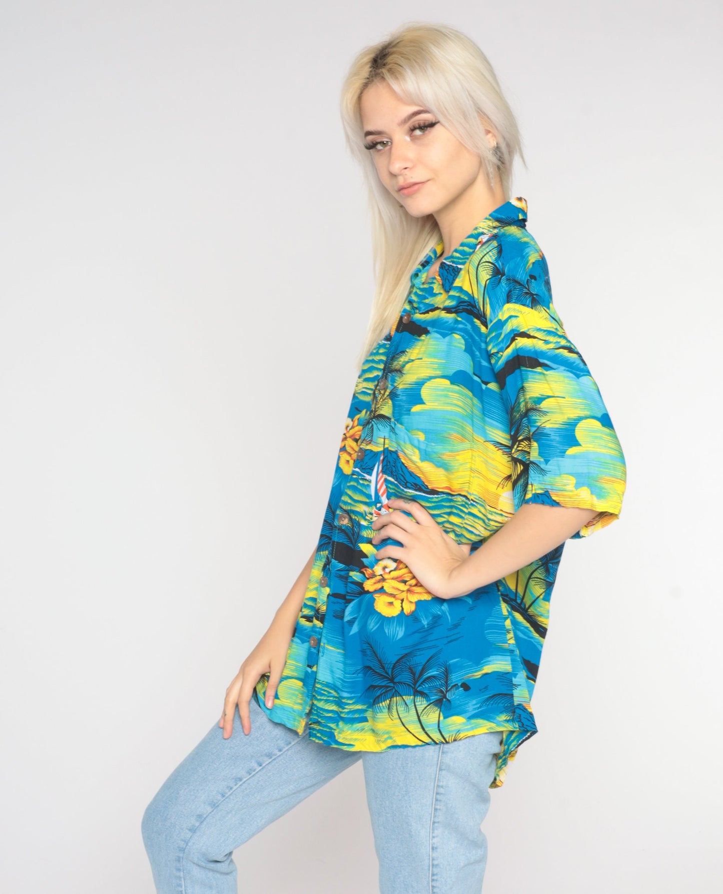 Y2K Tropical Sailboat Hawaiian Shirt Blue Palm Tree Button Up Extra Large
