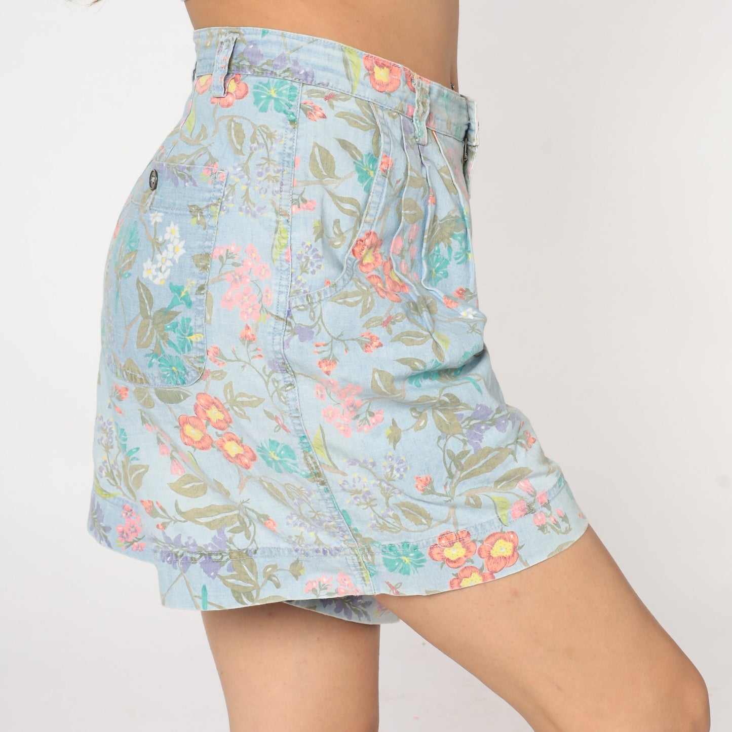 90s Liz Claiborne Floral Denim Shorts High Waist Pleated Blue Cotton Medium