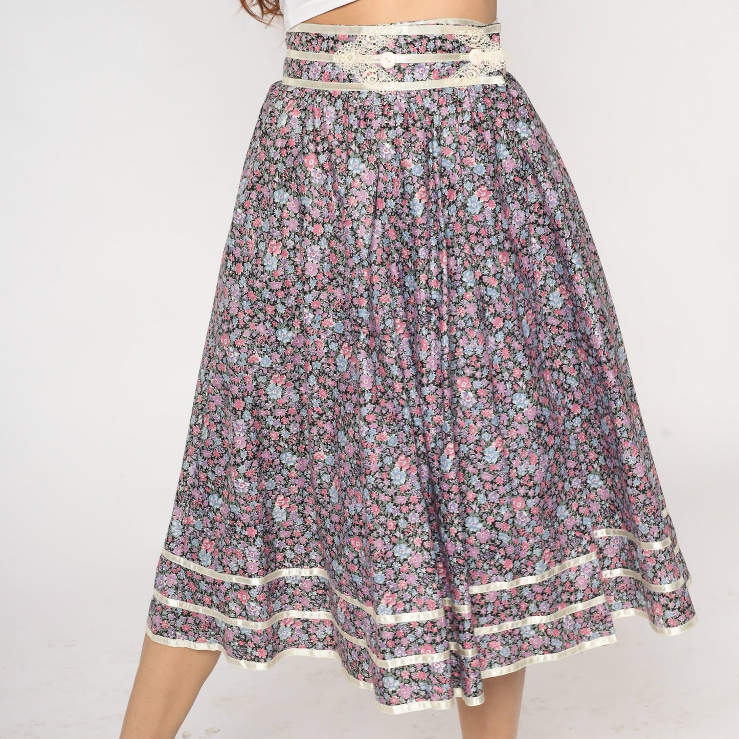 70s Gunne Sax Floral Midi Skirt Black Calico Lace Cotton Small
