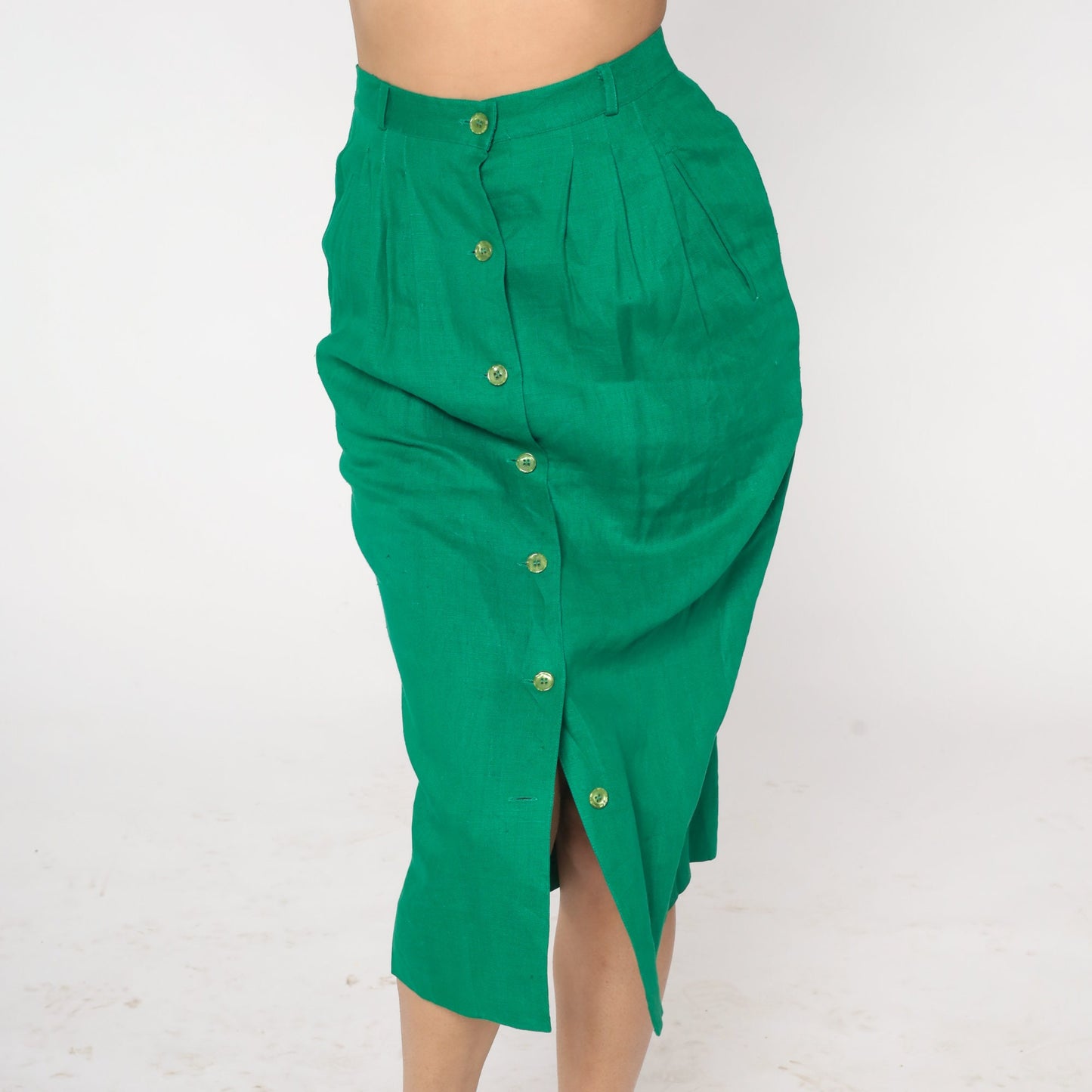 80s Green Linen Midi Skirt High Waist Button Front Pencil Small Medium