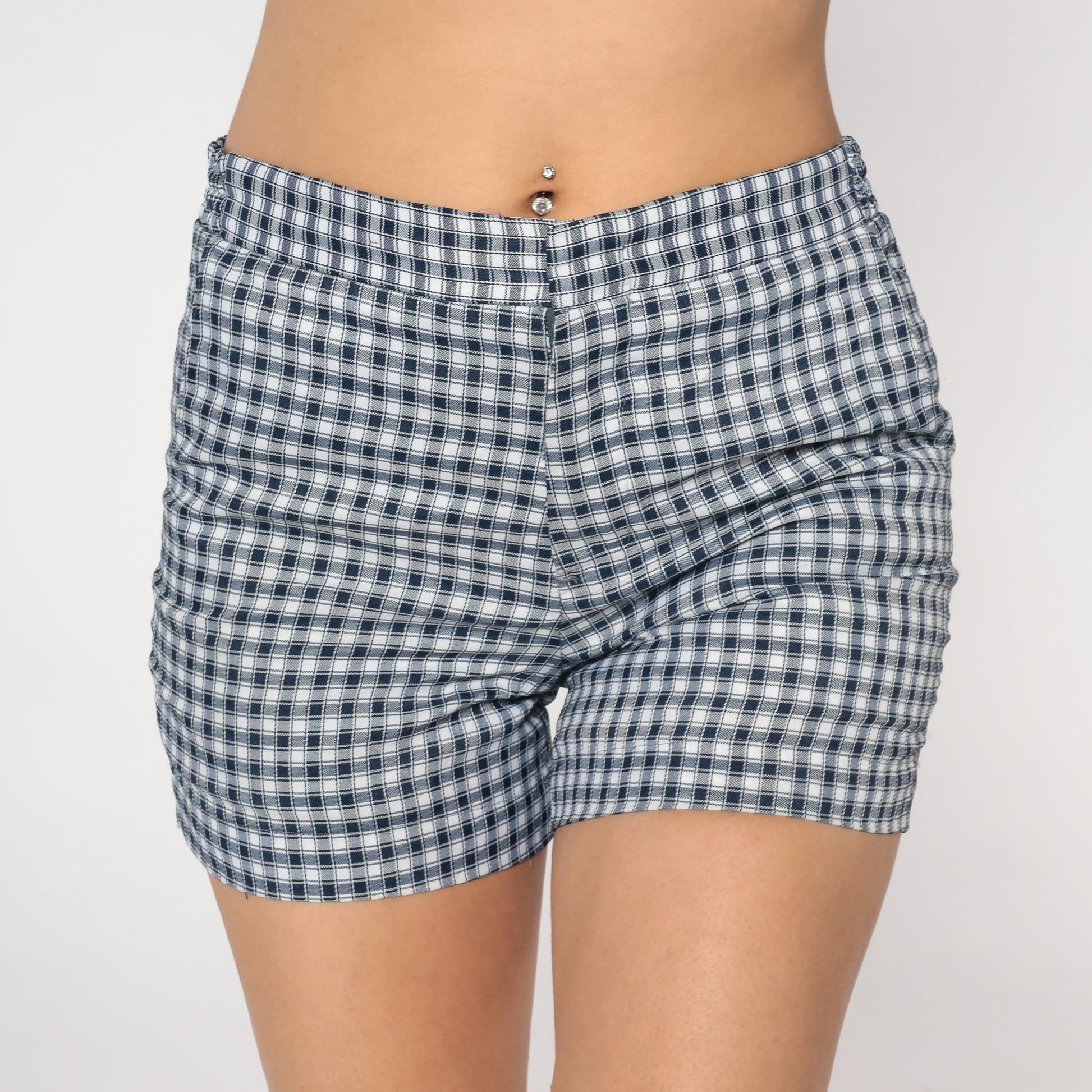 70s Blue White Checkered High-Waist Shorts Medium M