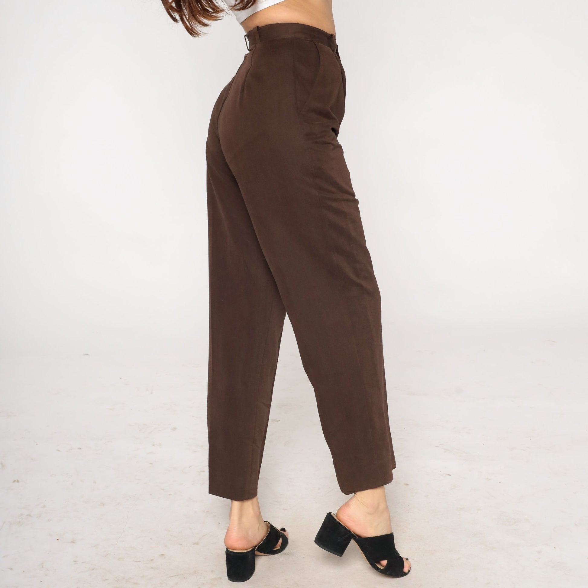 90s Brown High-Waist Straight Leg Trousers Creased Pleated Small 4