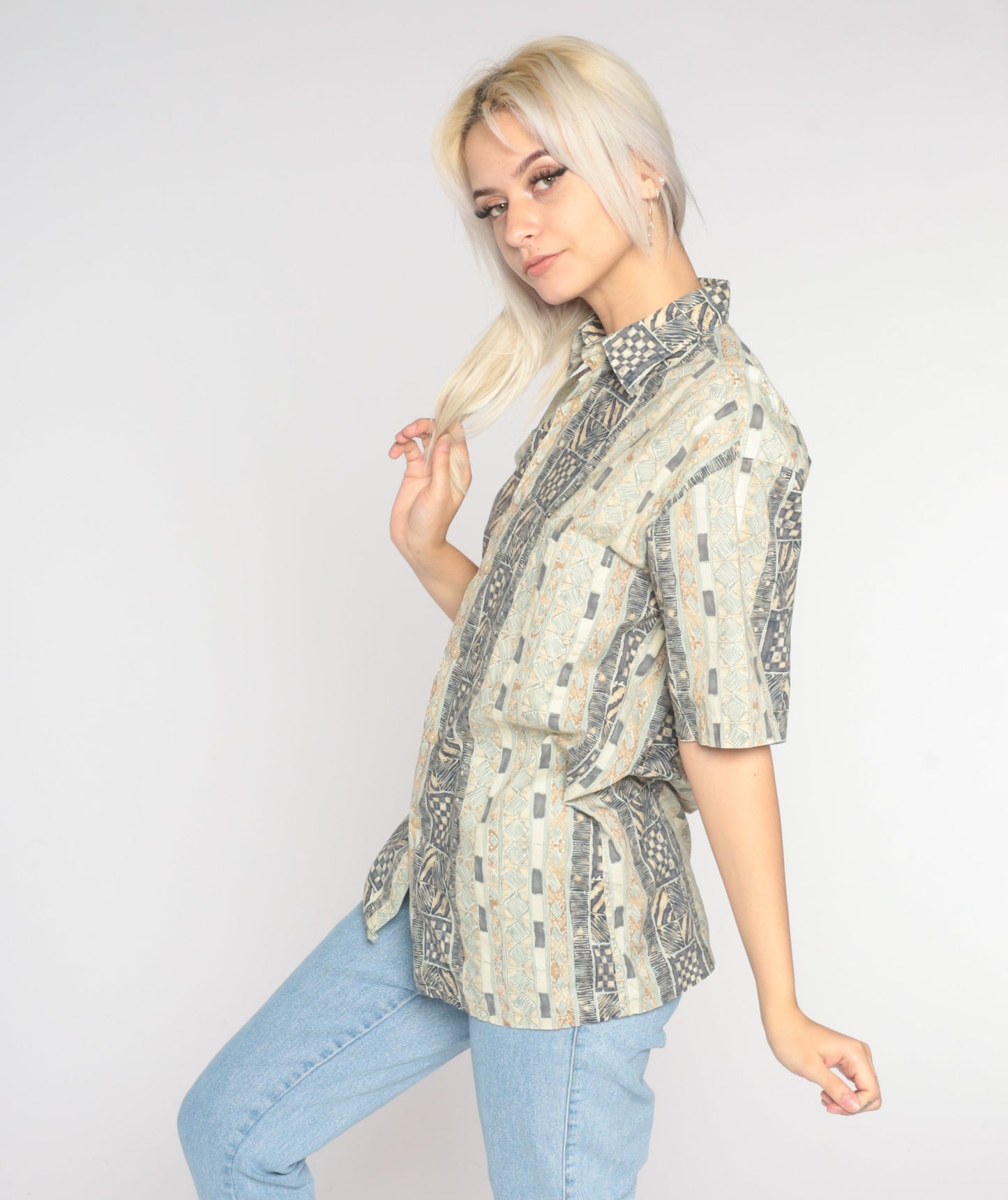 90s Geometric Zebra Print Button-Up Blouse Brown Beige Cotton Medium
