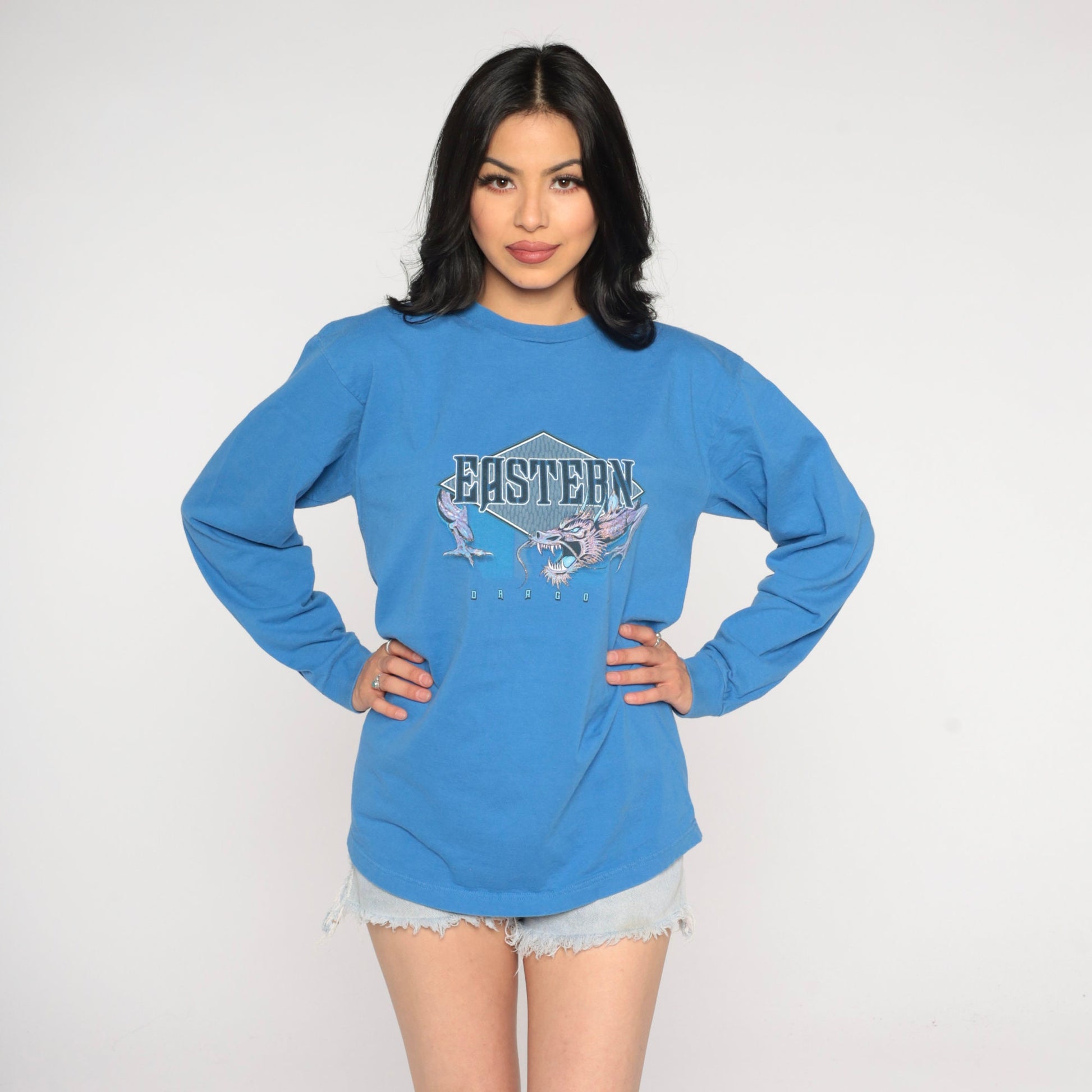Y2K Eastern Dragon Long Sleeve Graphic Tee Blue Small