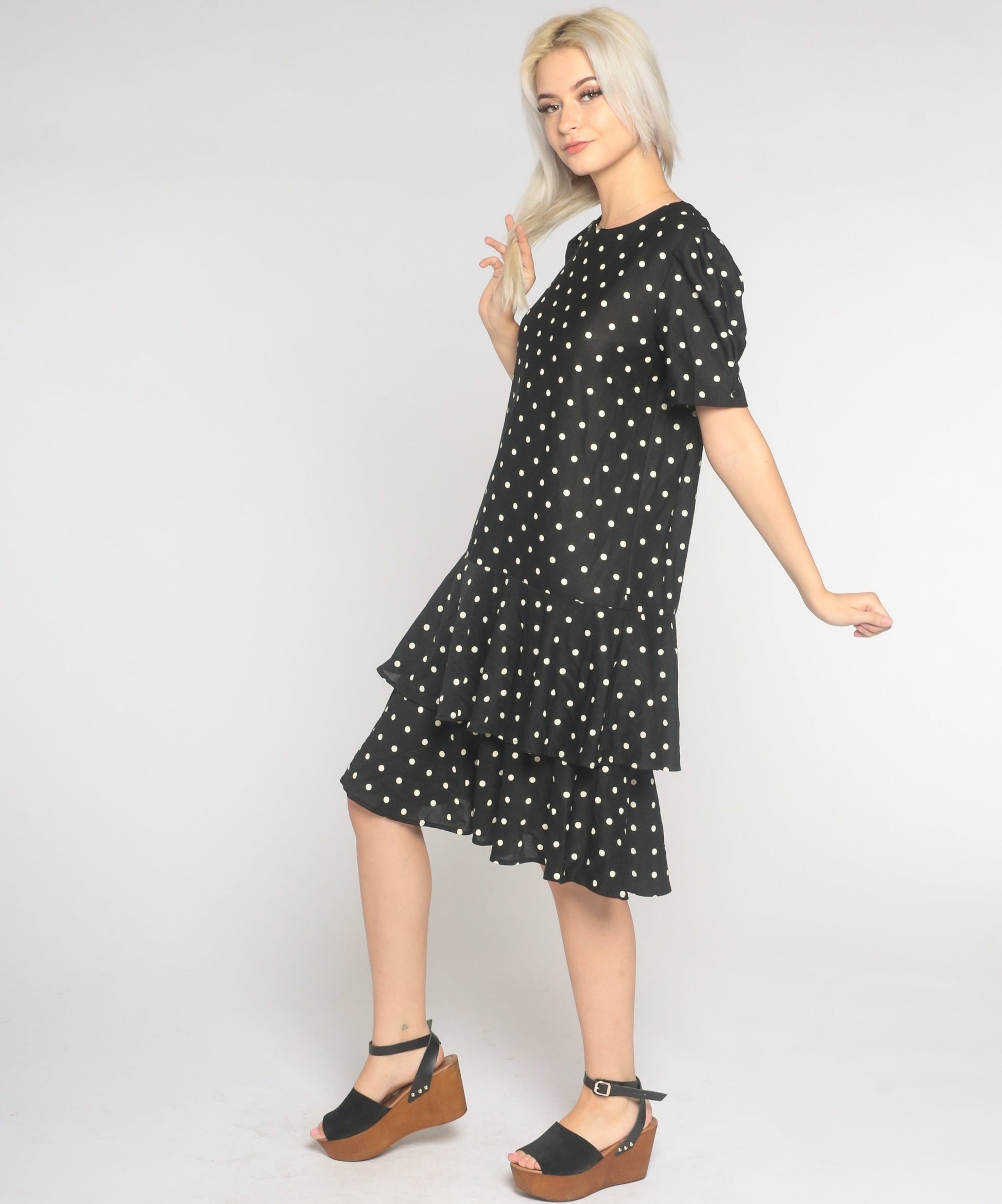 80s Black Polka Dot Tiered Dress Puff Sleeve Knee Length Large