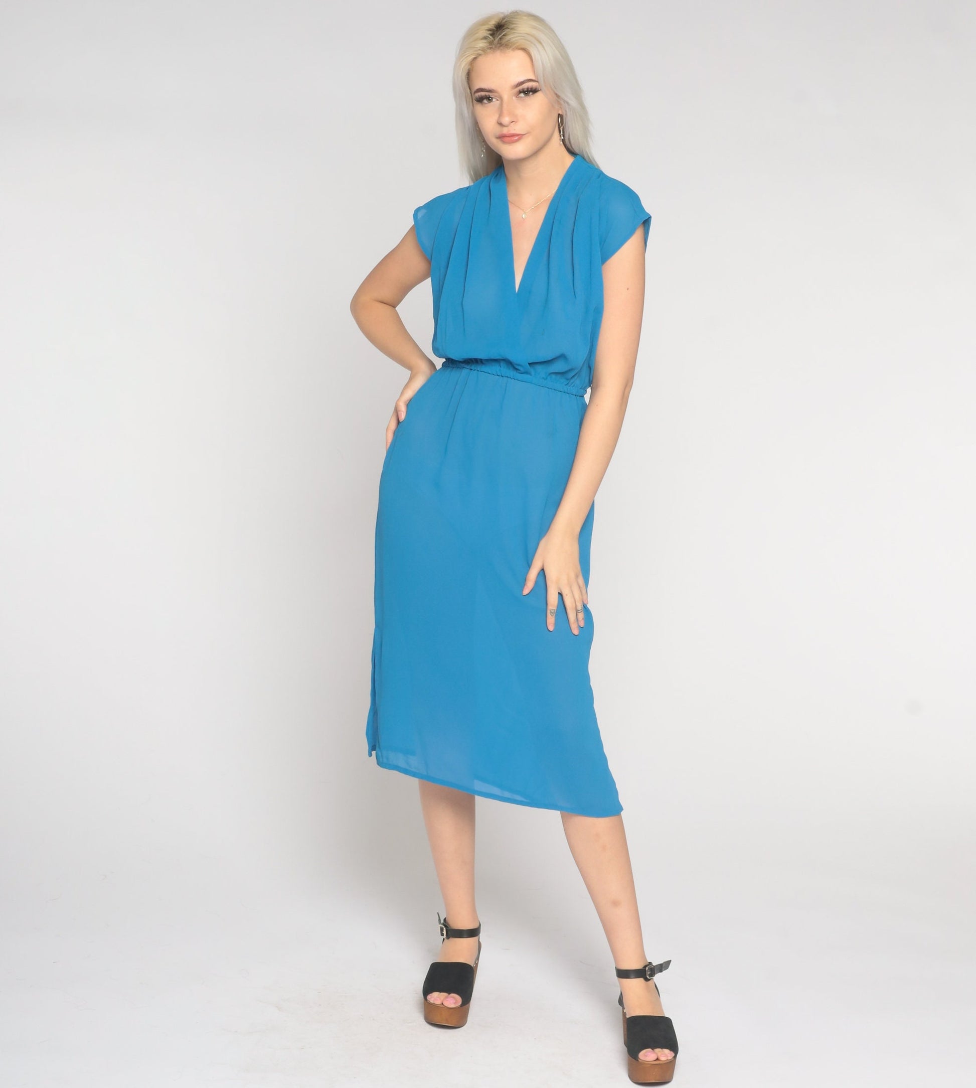 70s Blue Semi Sheer Midi Dress Cap Sleeve V Neck Elastic Waist Small