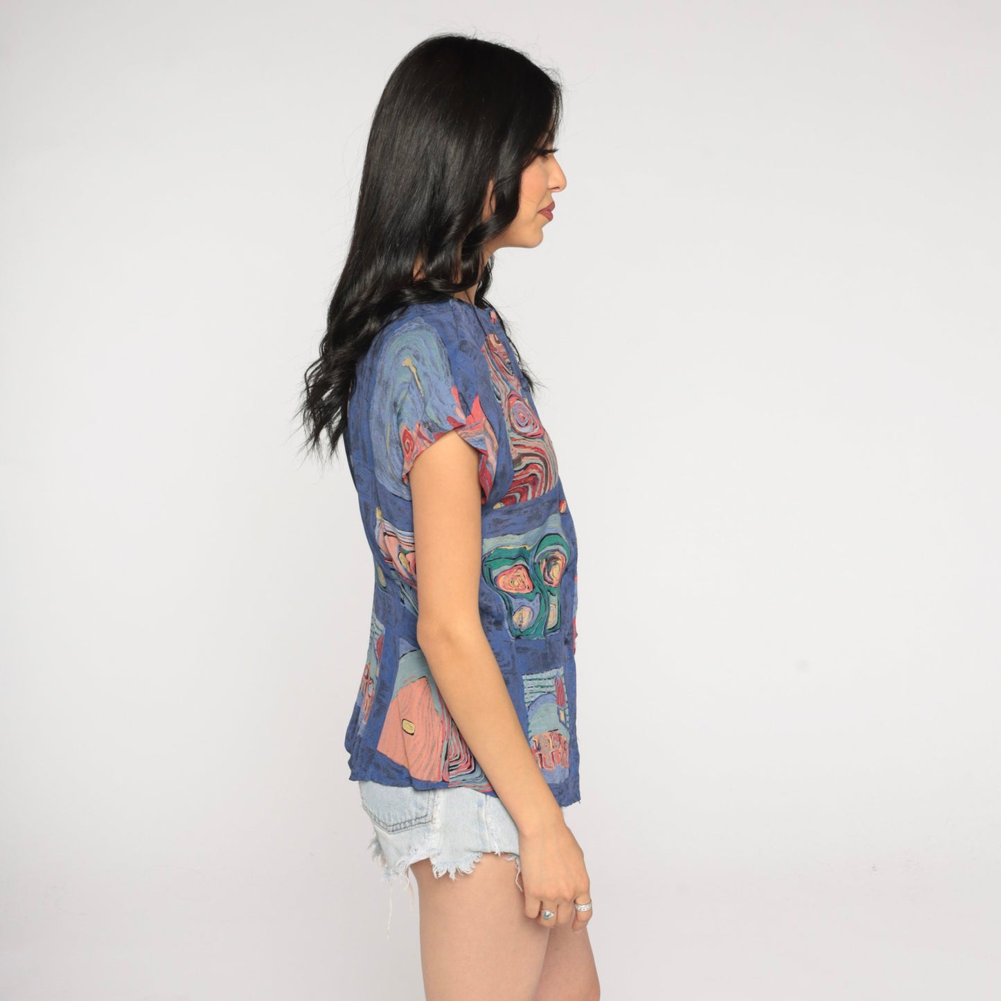 90s Abstract Swirl Print Button-Up Blouse Cap Sleeve Rayon Small S