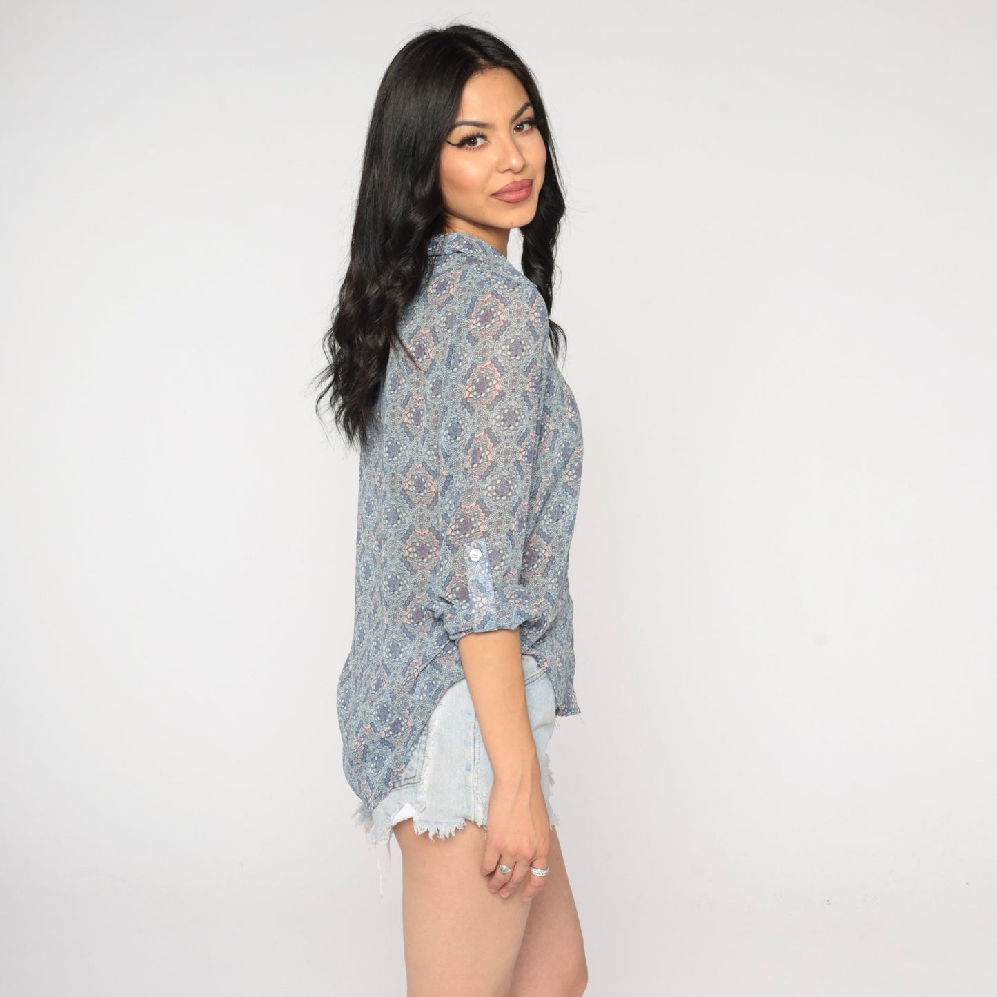 00s Batik Floral Button-Up Blouse Geometric Print Long Sleeve Collared Shirt Small
