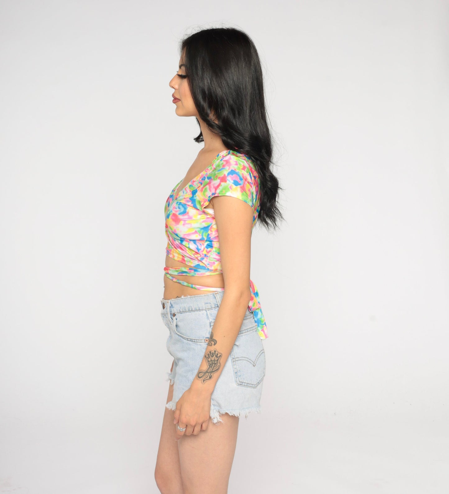 Y2K Colorful Abstract Print Wrap Crop Top Short Sleeve V Neck Small Medium
