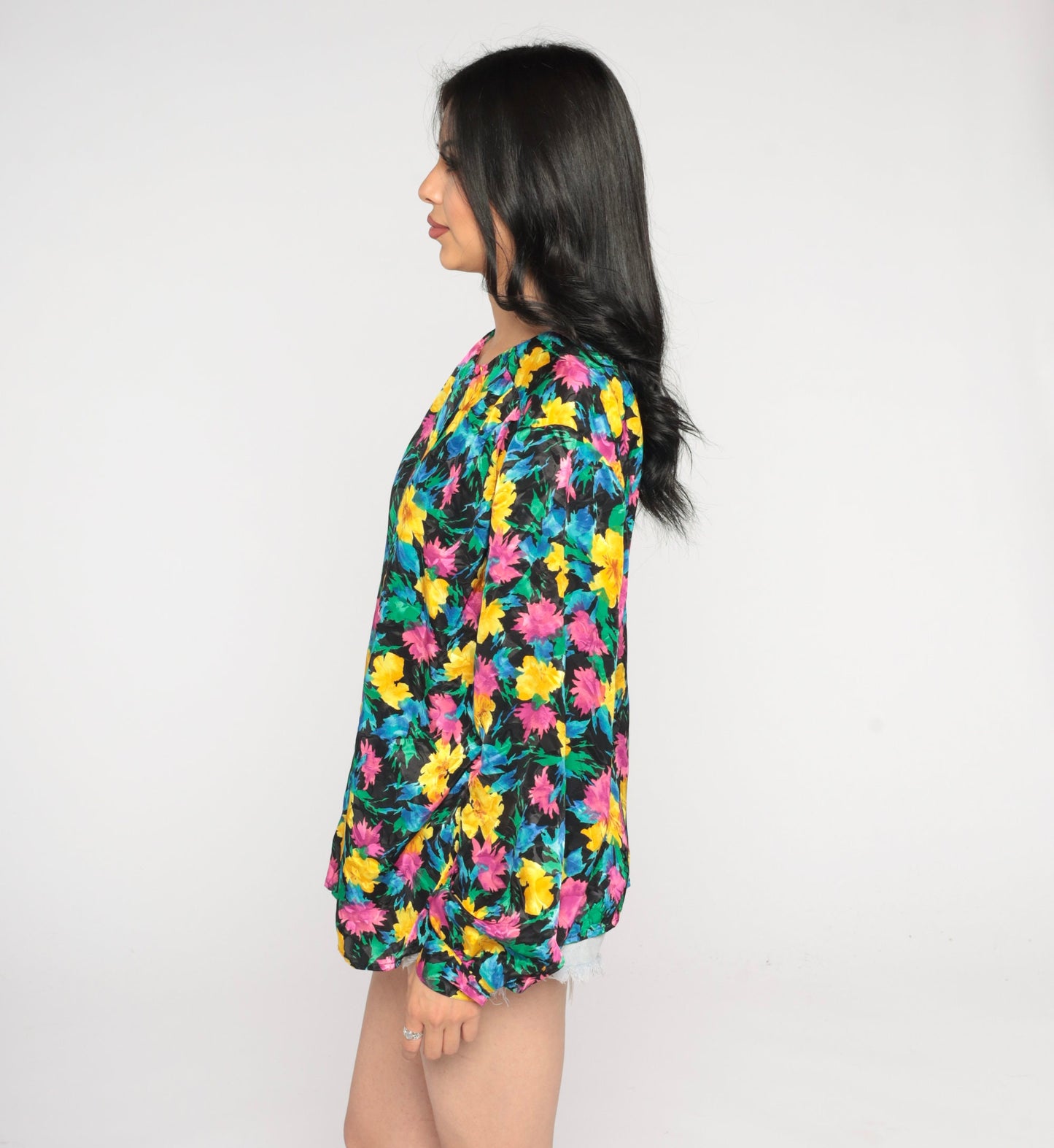 90s Black Floral Blouse Hidden Button Long Sleeve Shirt Large L