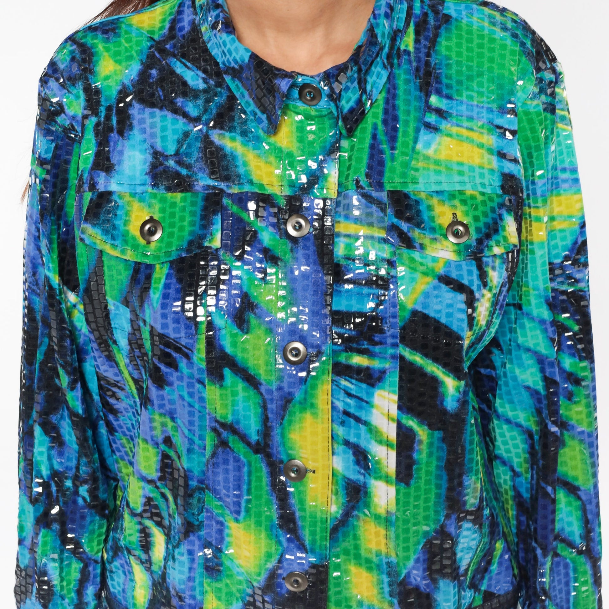 90s Faux Snakeskin Reversible Bomber Jacket Green Blue Geometric Petite Large