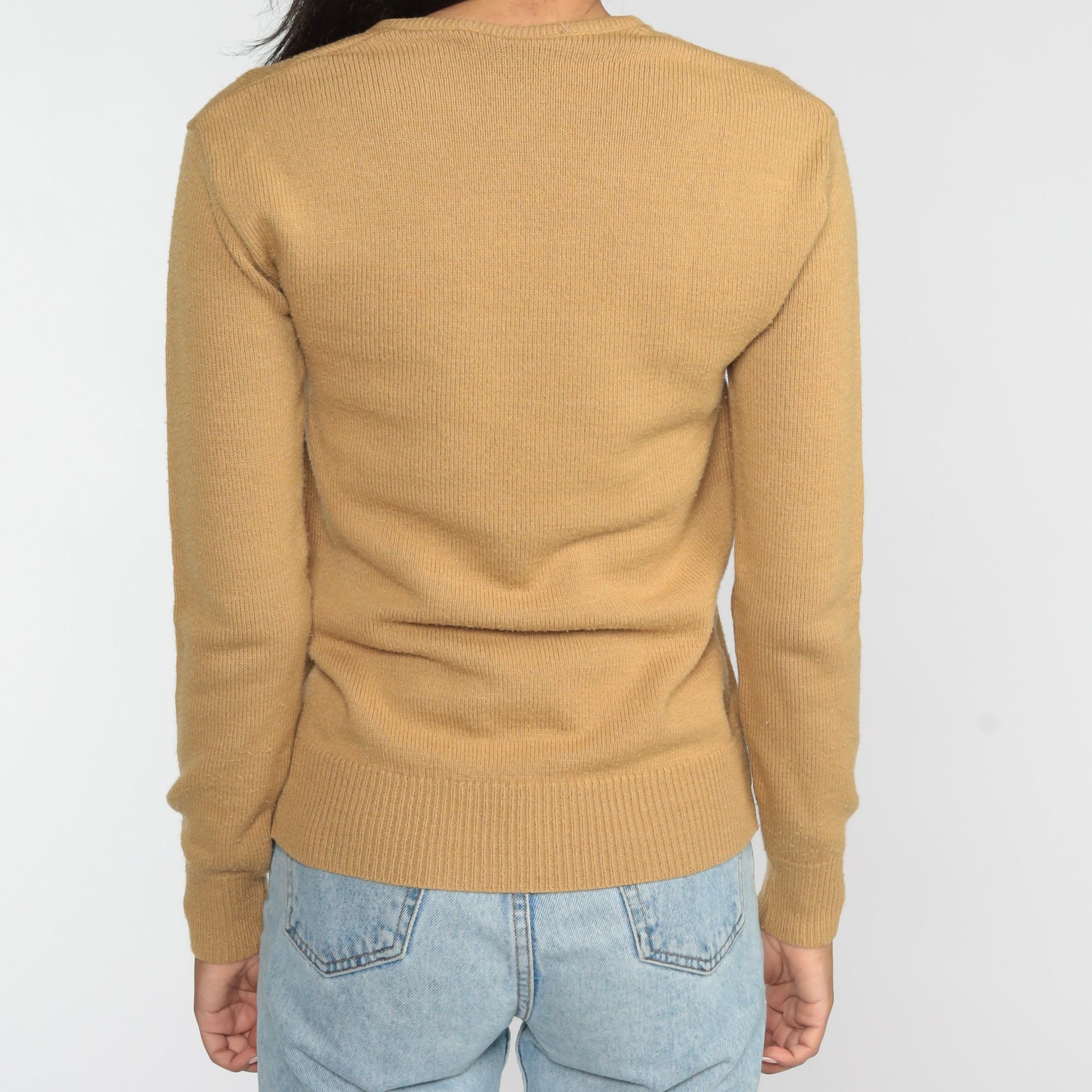 70s Tan V-Neck Pullover Sweater Knit Acrylic Small