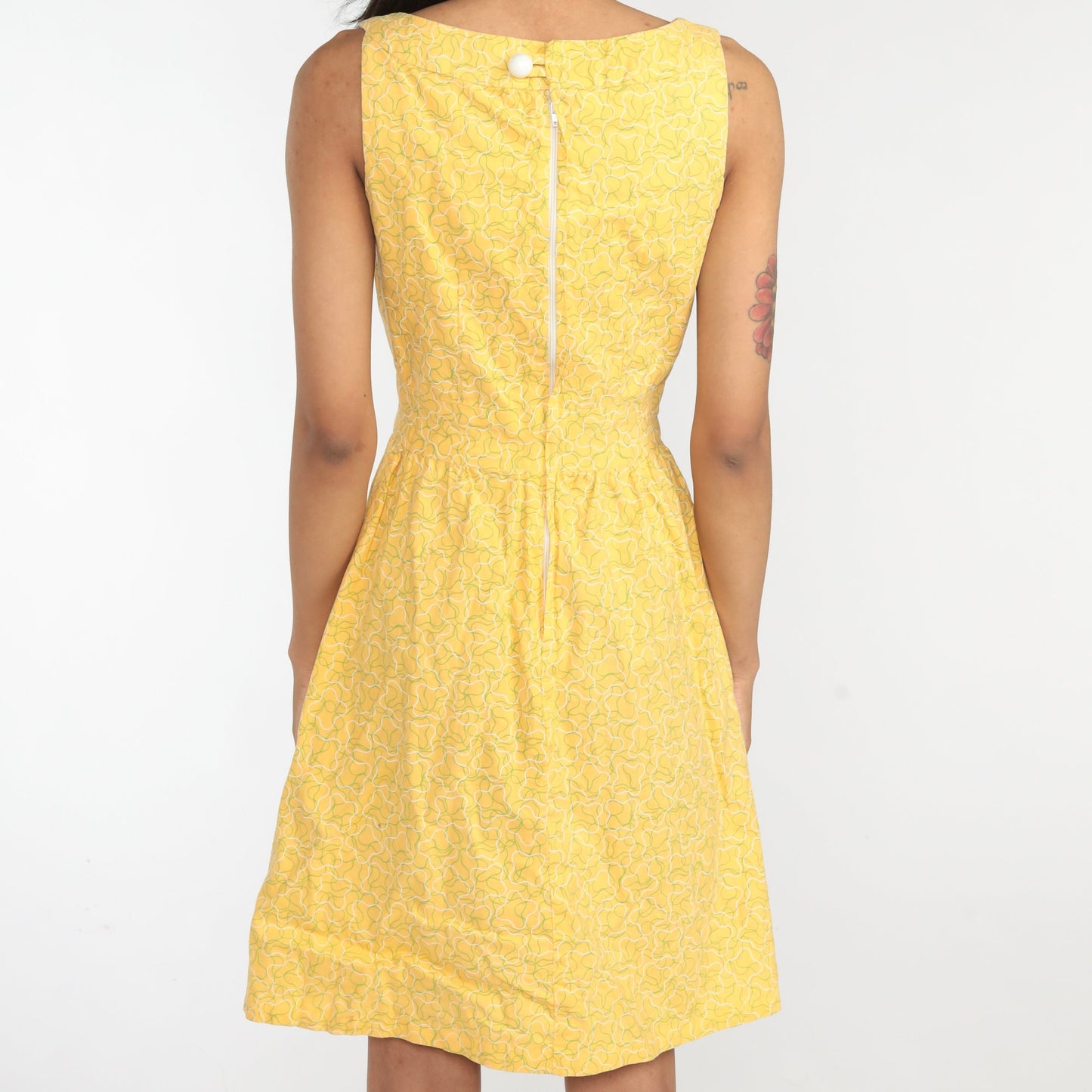 60s Yellow Mini Dress Abstract Print A-Line Sleeveless Cotton Extra Small