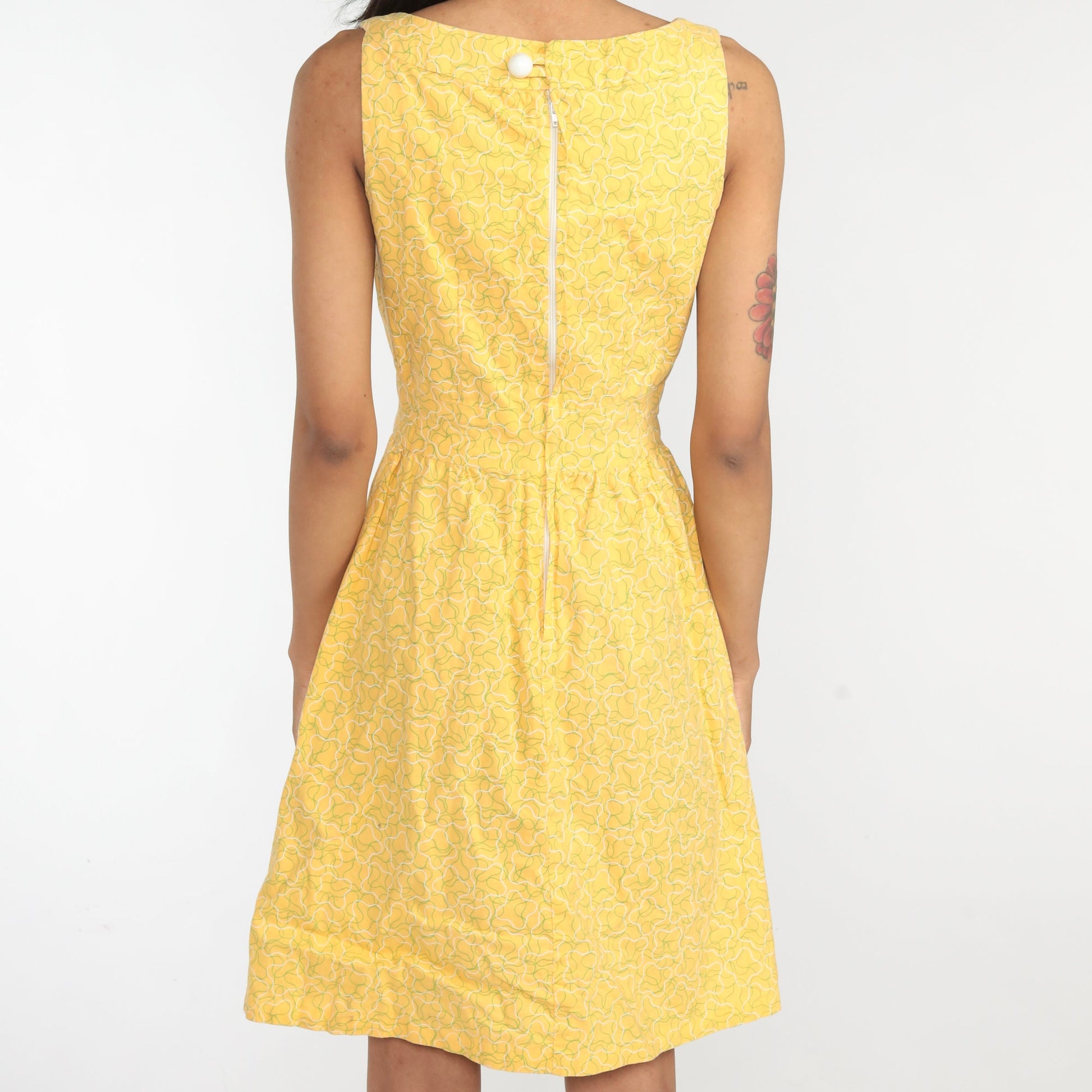 60s Yellow Mini Dress Abstract Print A-Line Sleeveless Cotton Extra Small