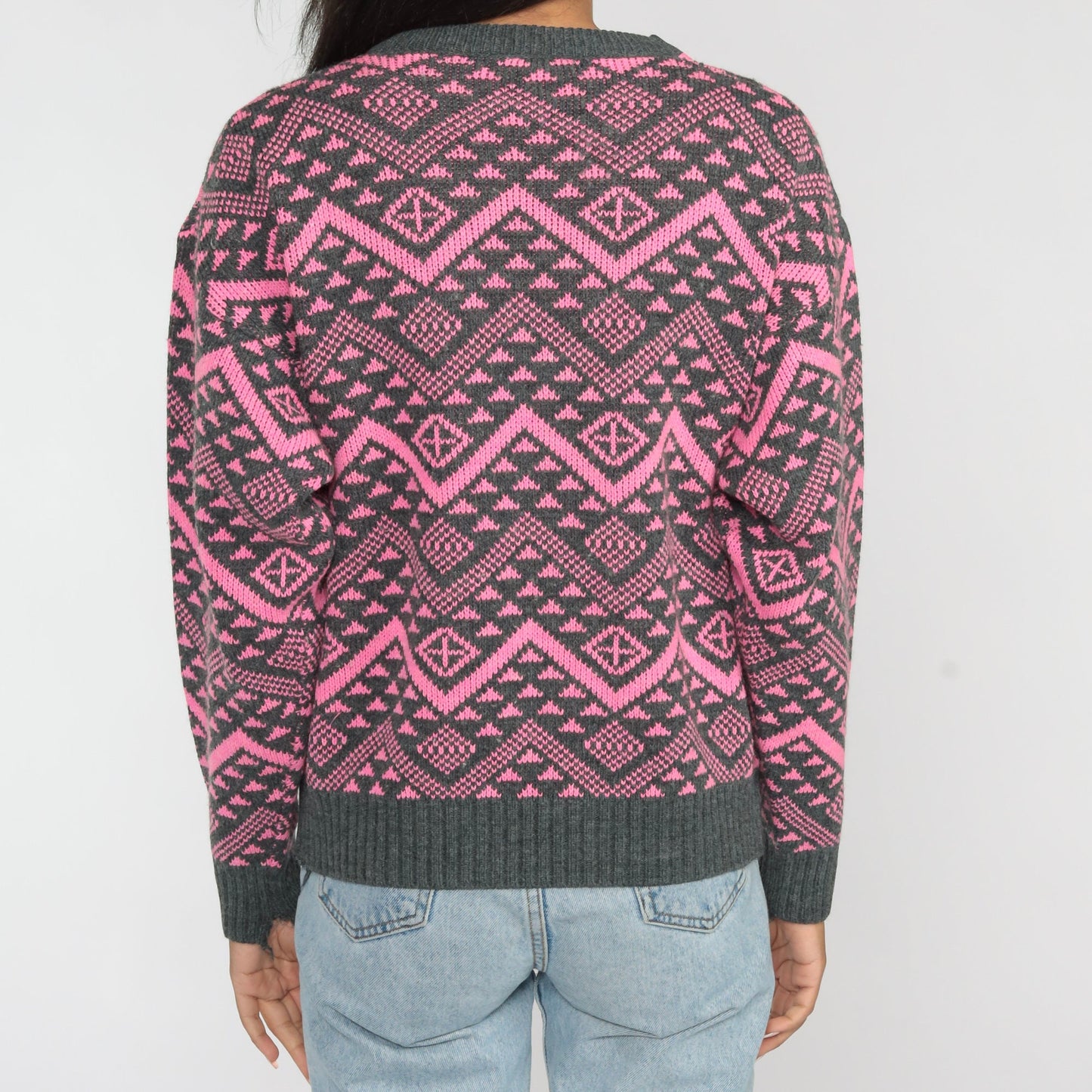 90s Pink Zig Zag Geometric Wool Blend Sweater Grey Crewneck Small S