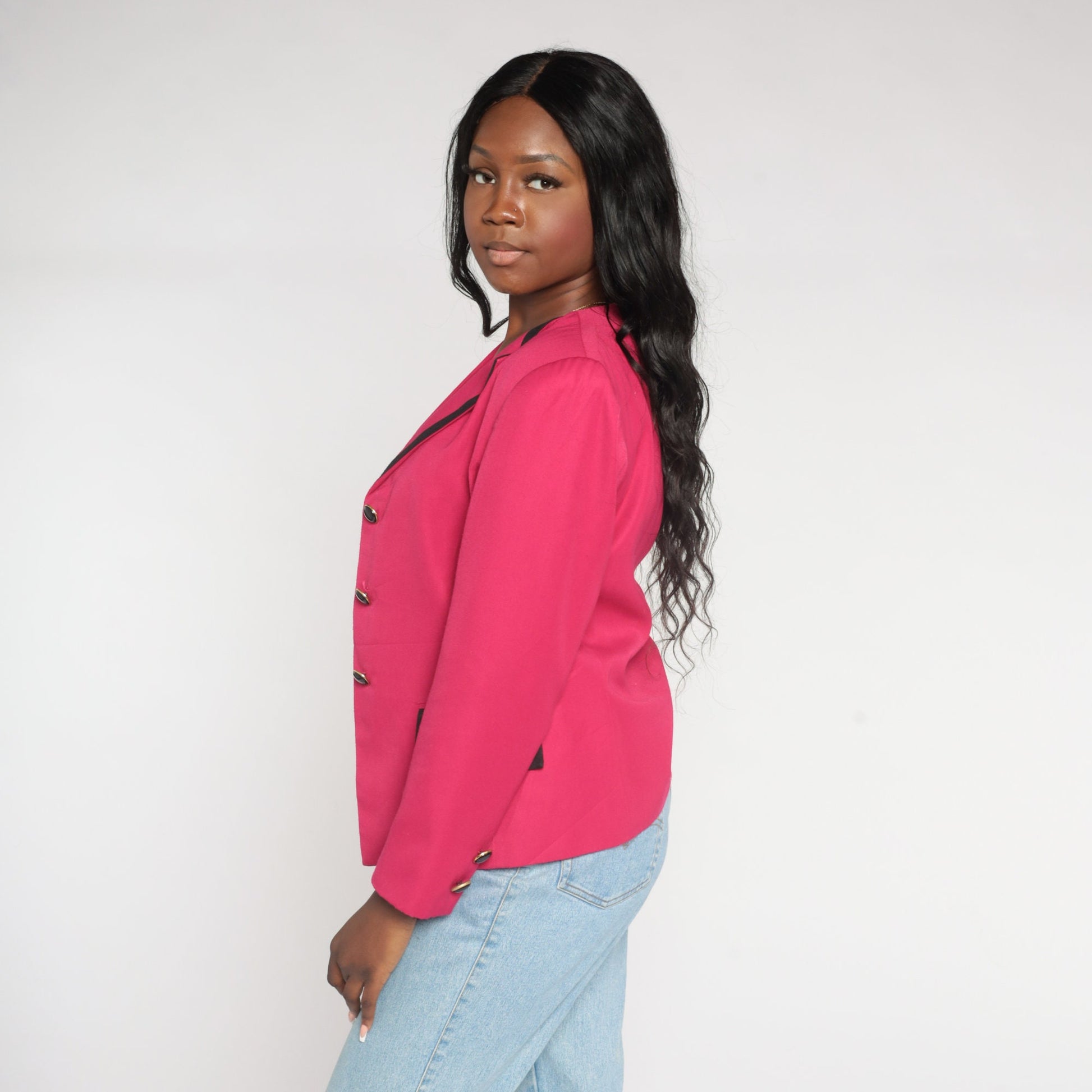 90s Hot Pink Blazer Black Trim Button Up Jacket Small S
