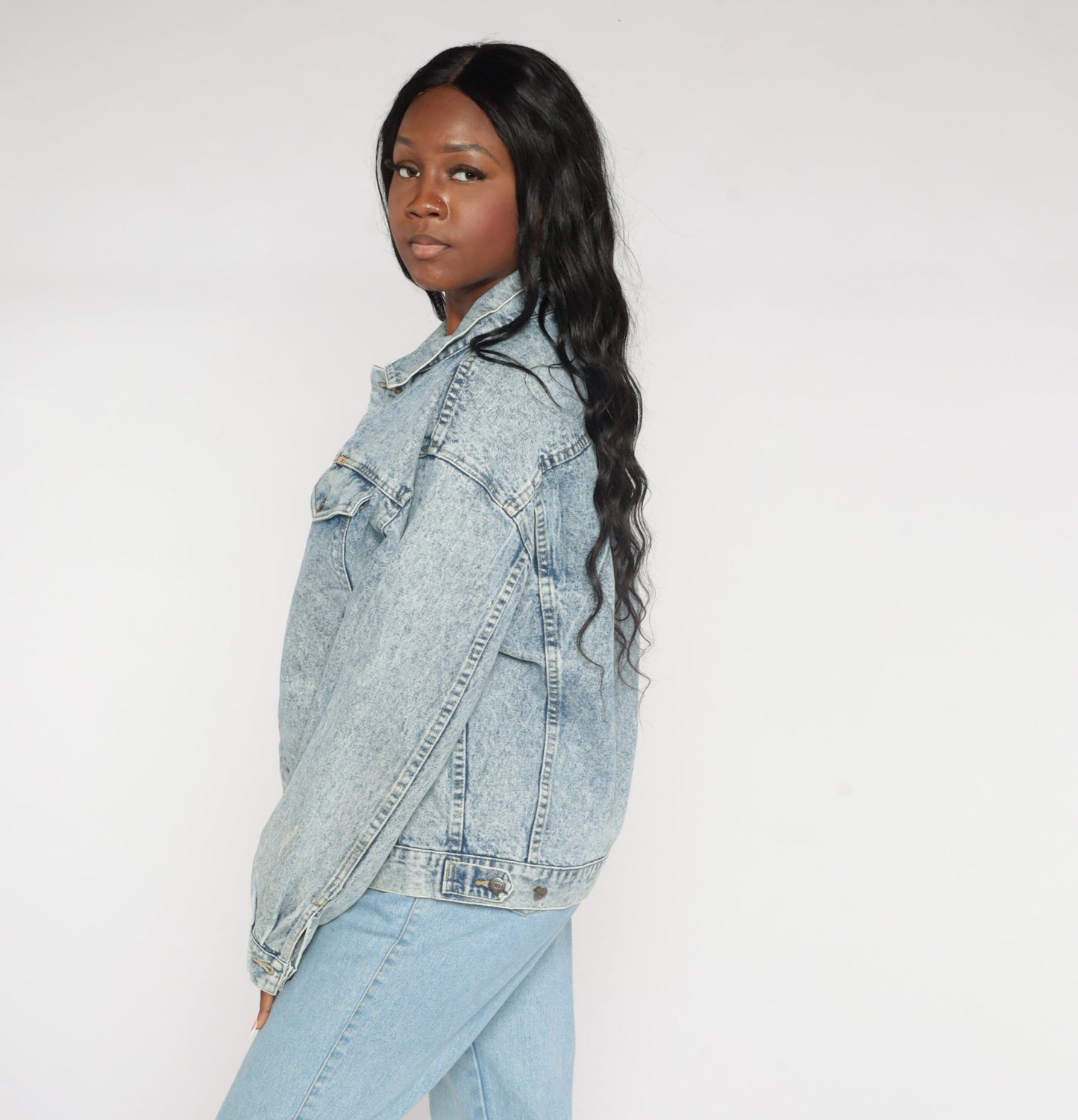 90s Acid Wash Denim Jacket Blue Button-Up Medium M