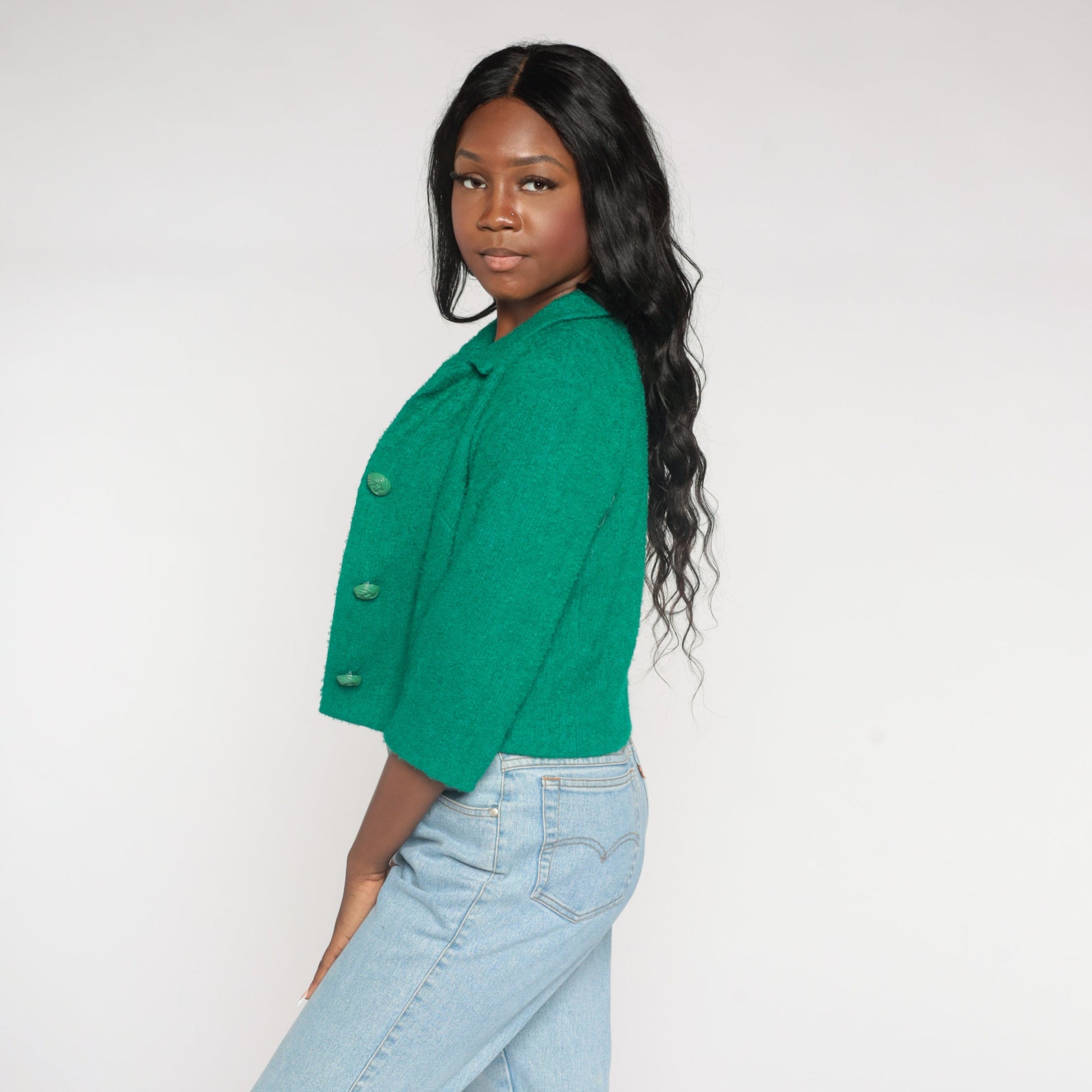 60s R & K Originals Green Wool Blend Blazer Cropped 3/4 Sleeve Small