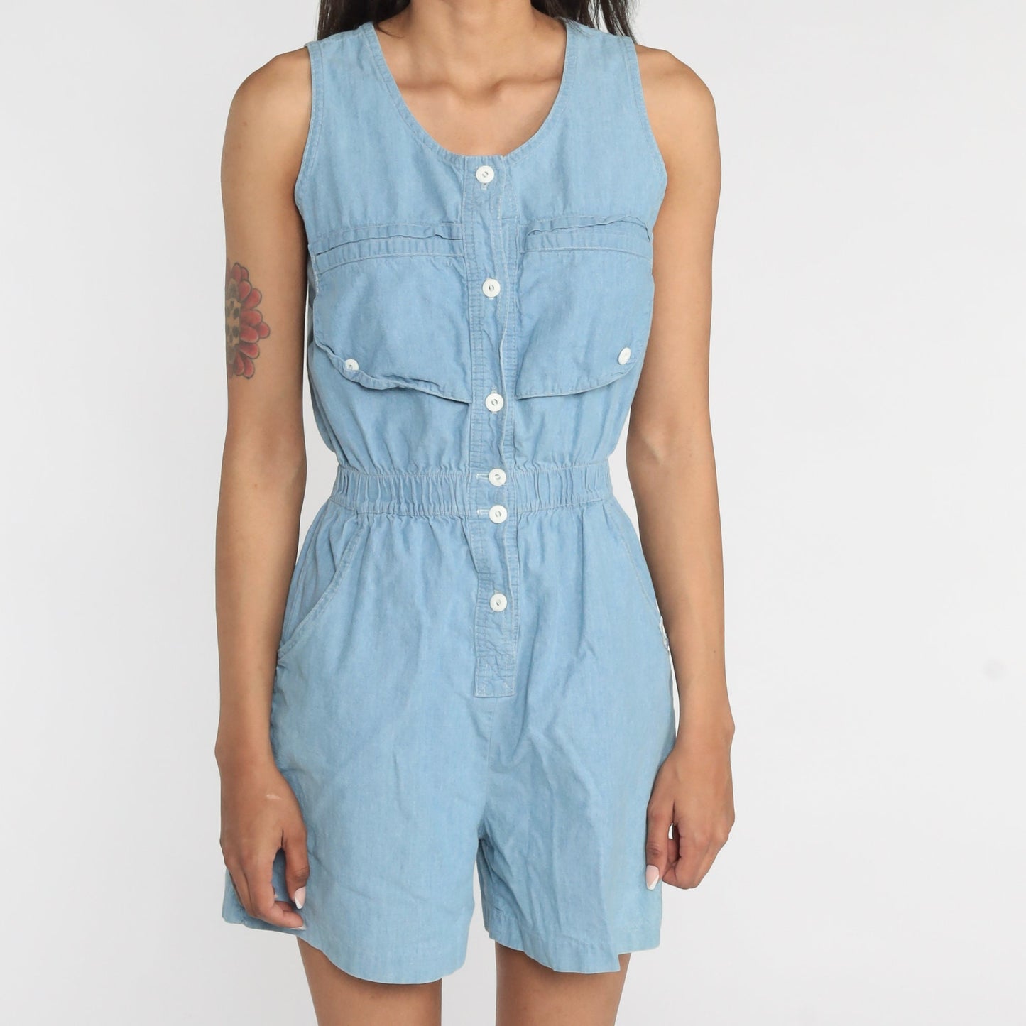90s Light Blue Chambray Denim Romper Playsuit Button Up Cotton Small