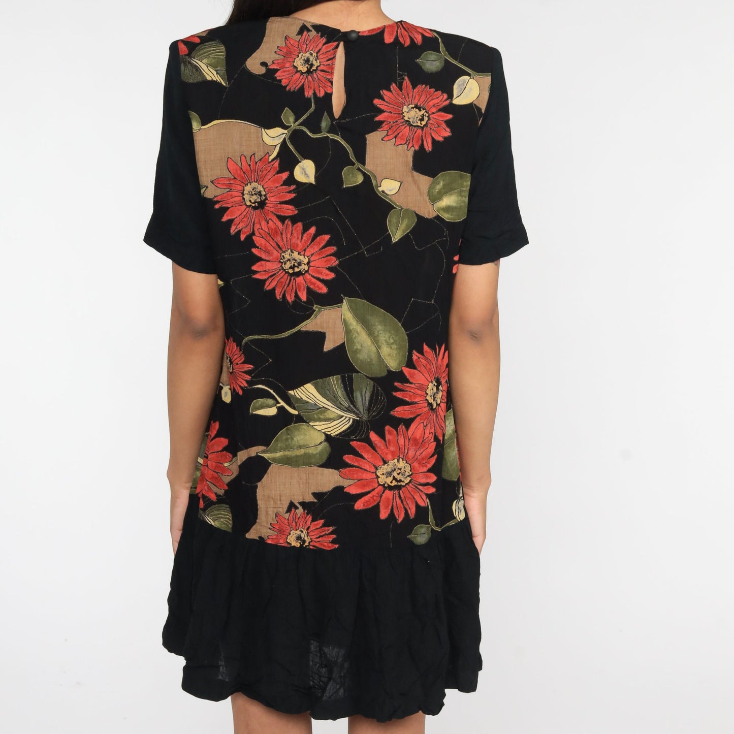 90s Black Floral Mini Dress Drop Waist Ruffle Short Sleeve Small S
